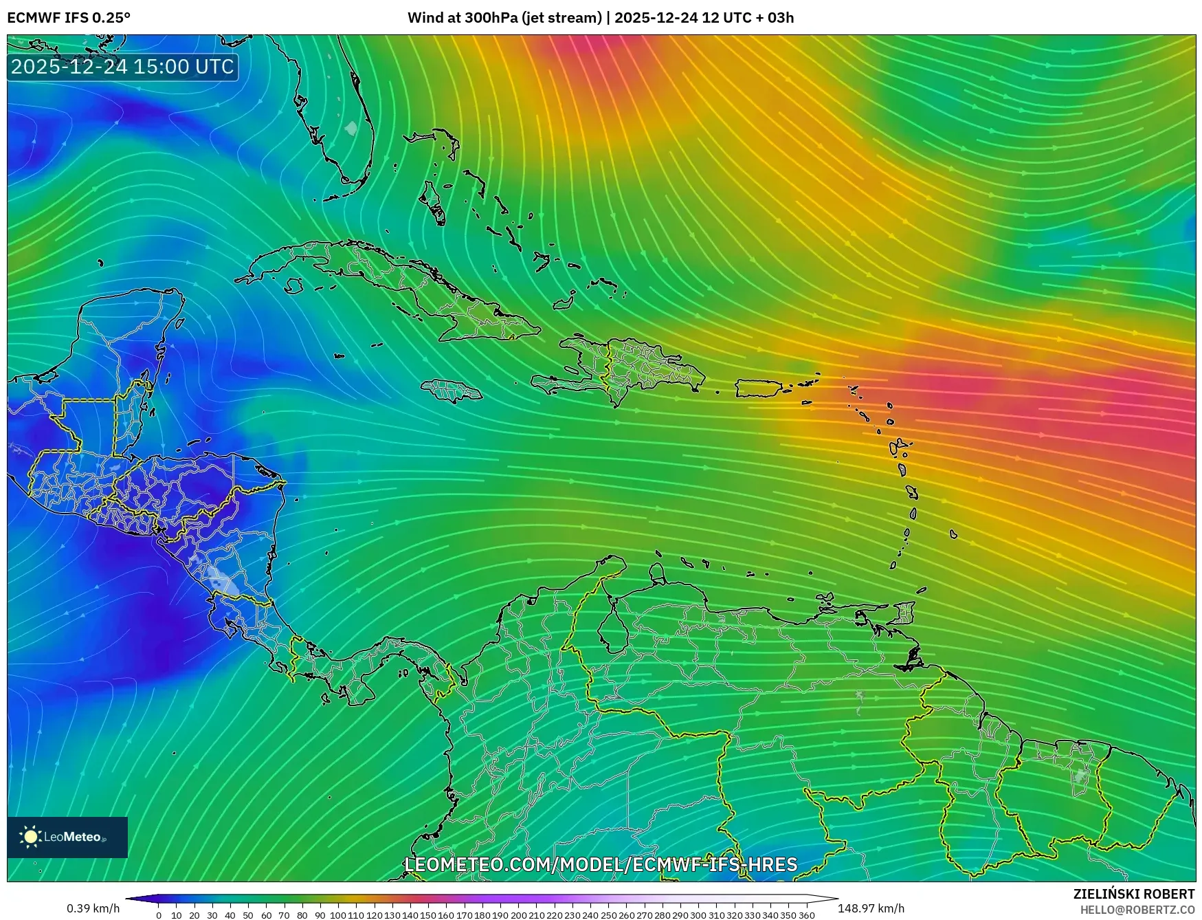 ECMWF IFS 0.25° model - Caribbean, Wind at 300hPa (jet stream)