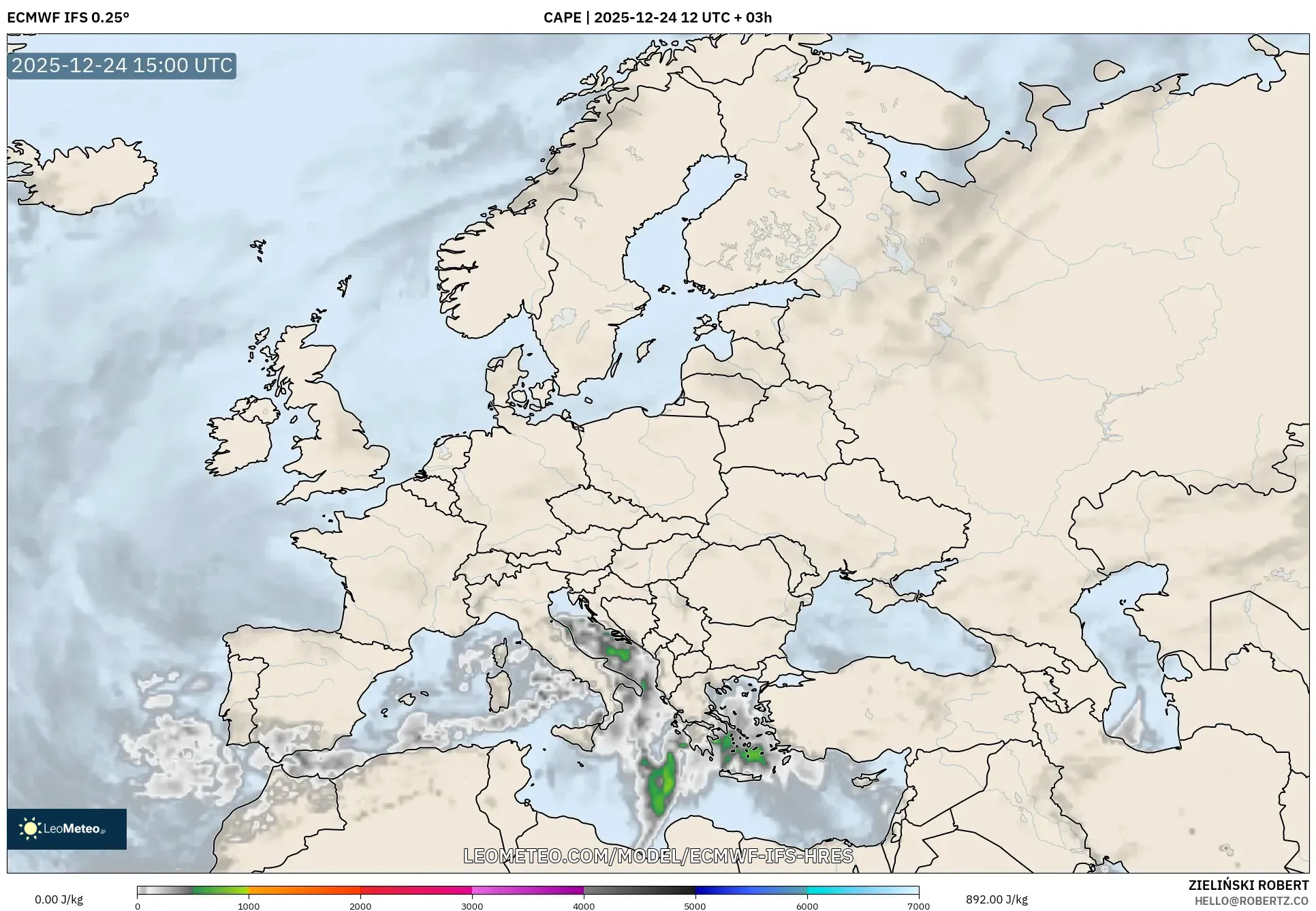 ECMWF IFS 0.25° model - Europe, CAPE