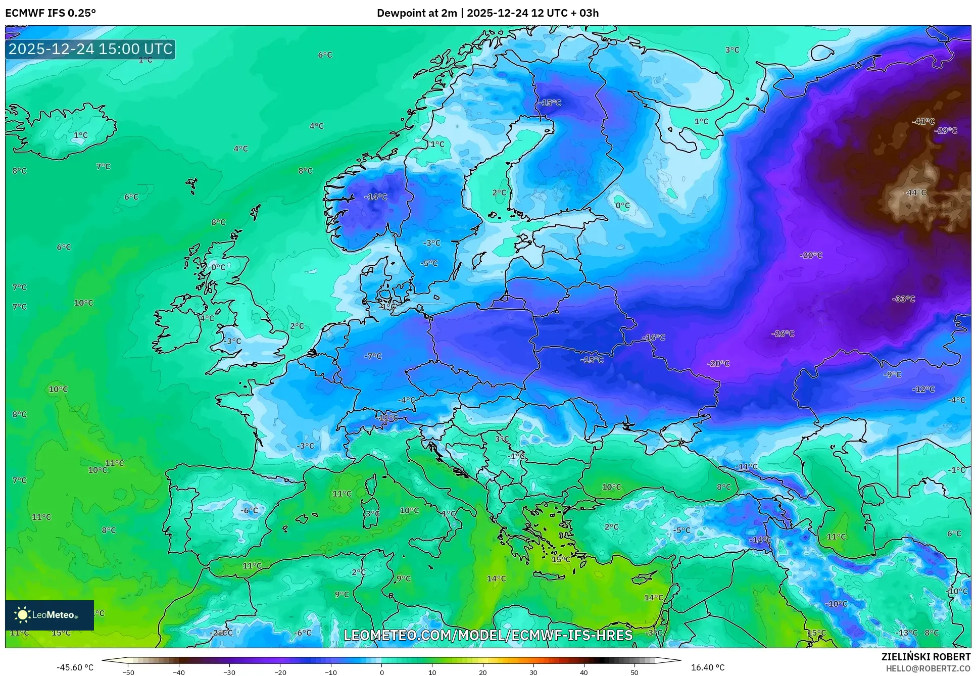 ECMWF IFS 0.25° model - Europe, Dewpoint at 2m
