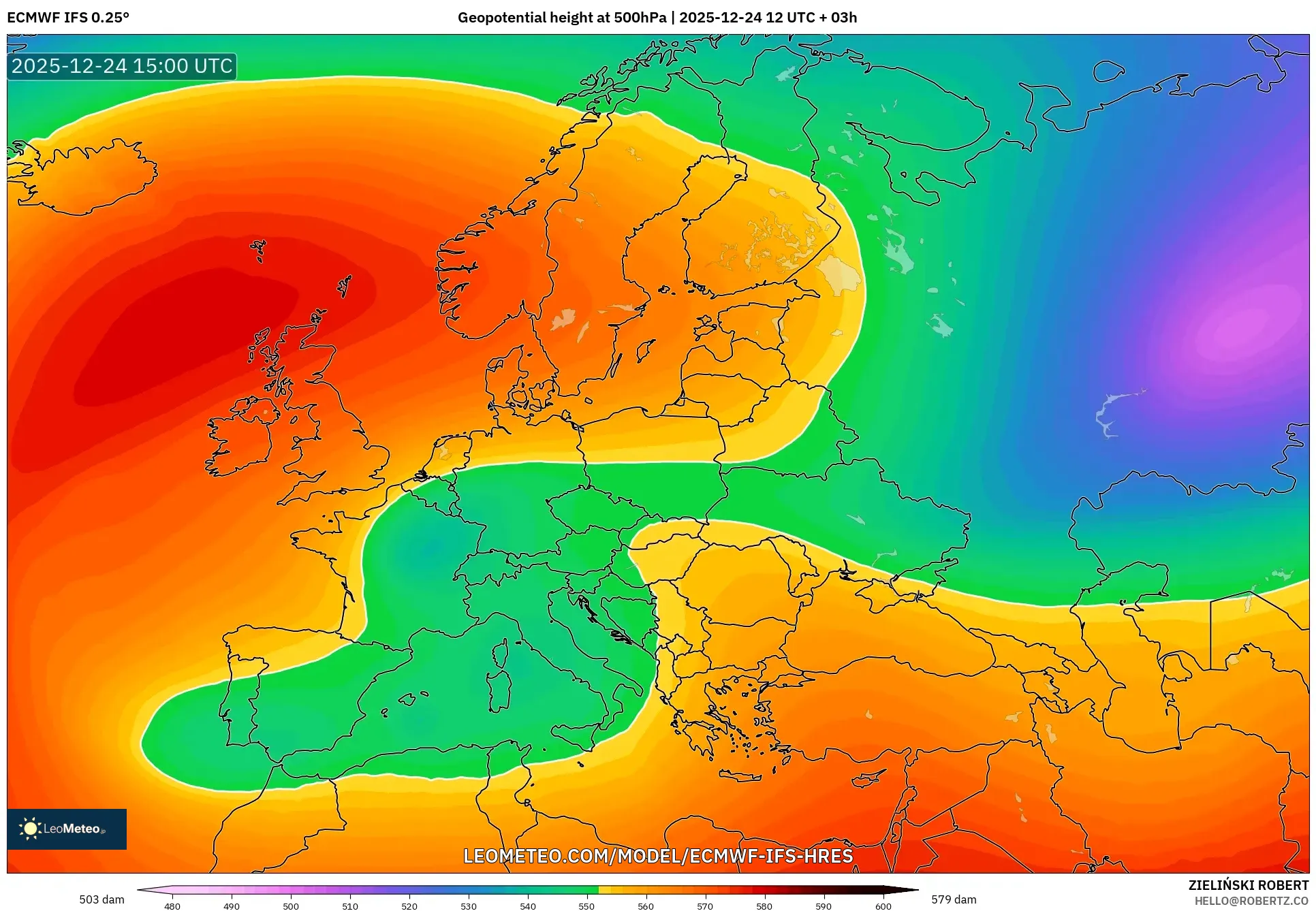 ECMWF IFS 0.25° model - Europe, Geopotential height at 500hPa