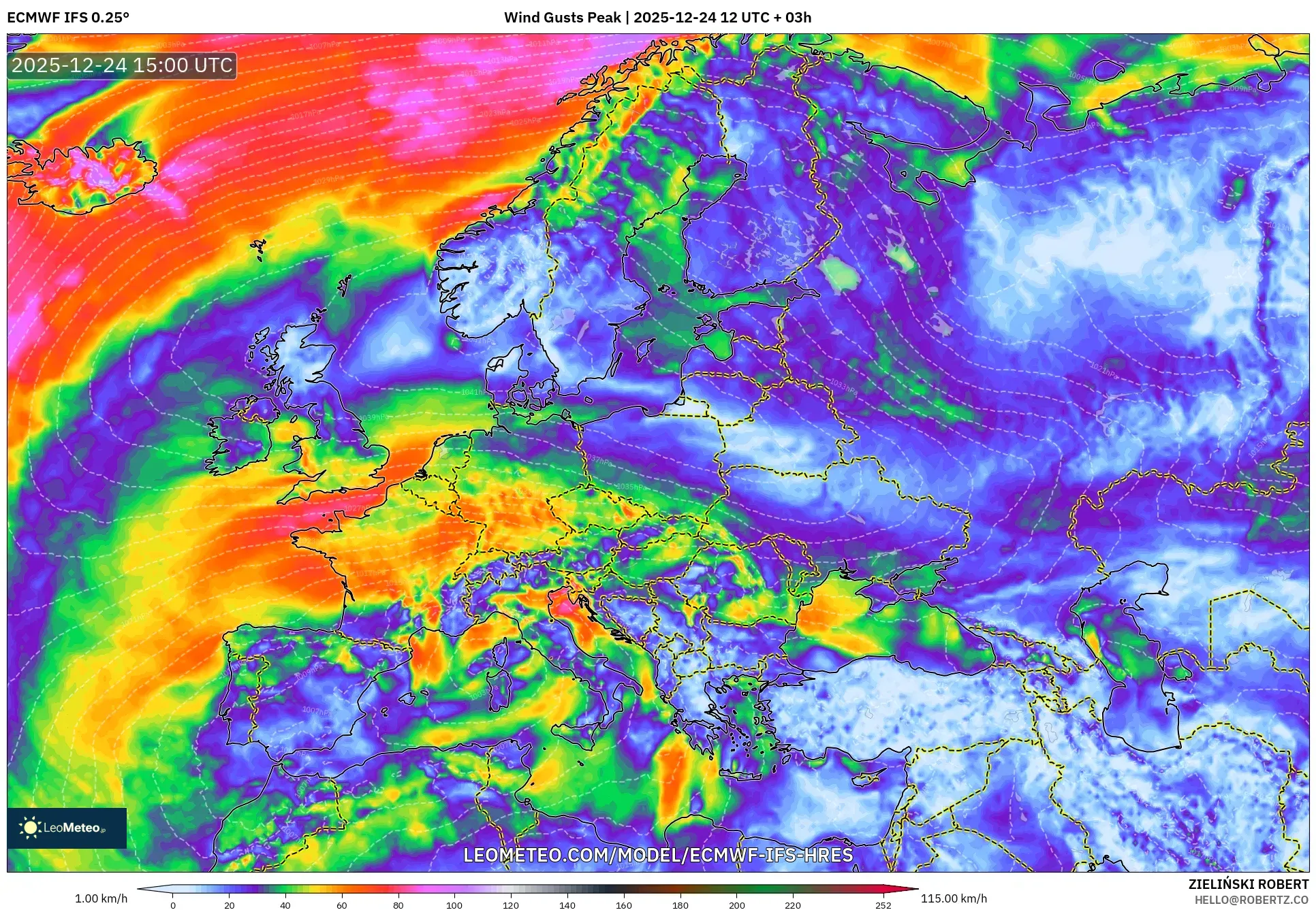 ECMWF IFS 0.25° model - Europe, Wind Gusts Peak