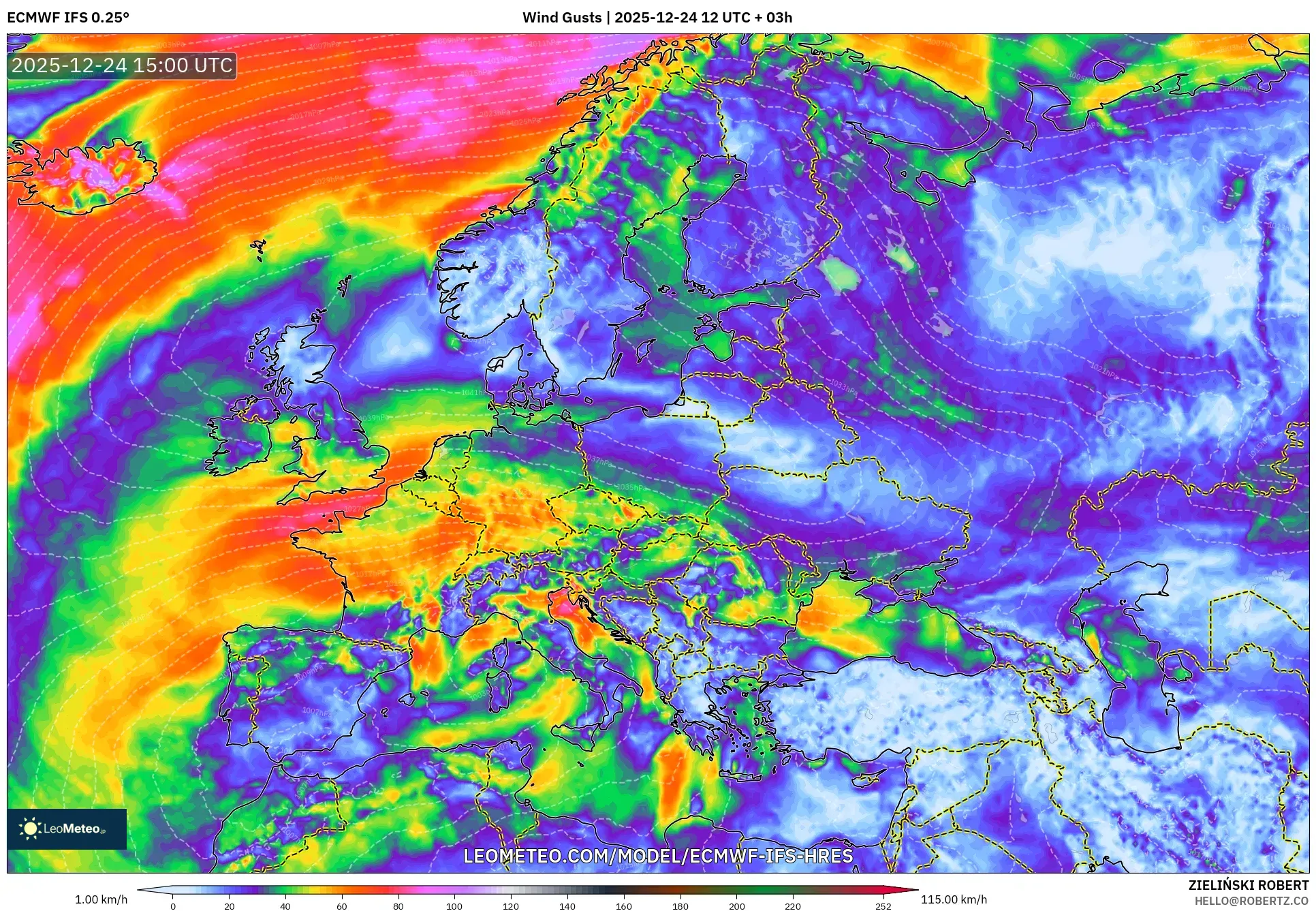 ECMWF IFS 0.25° model - Europe, Wind Gusts