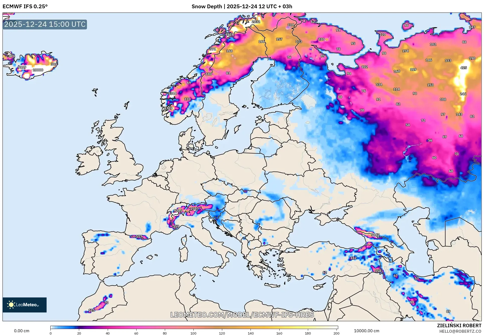 ECMWF IFS 0.25° model - Europe, Snow Depth