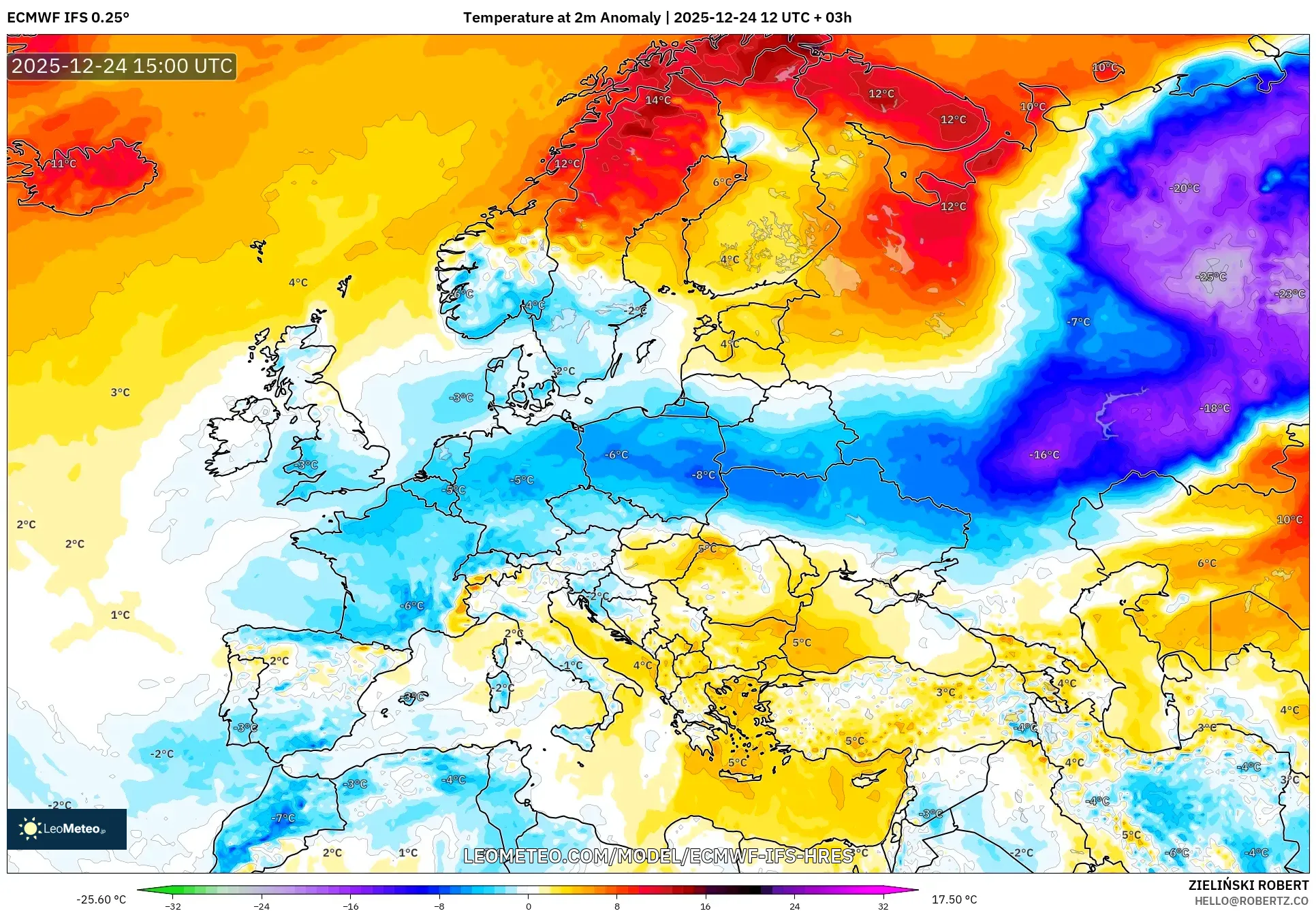 ECMWF IFS 0.25° model - Europe, Temperature at 2m Anomaly