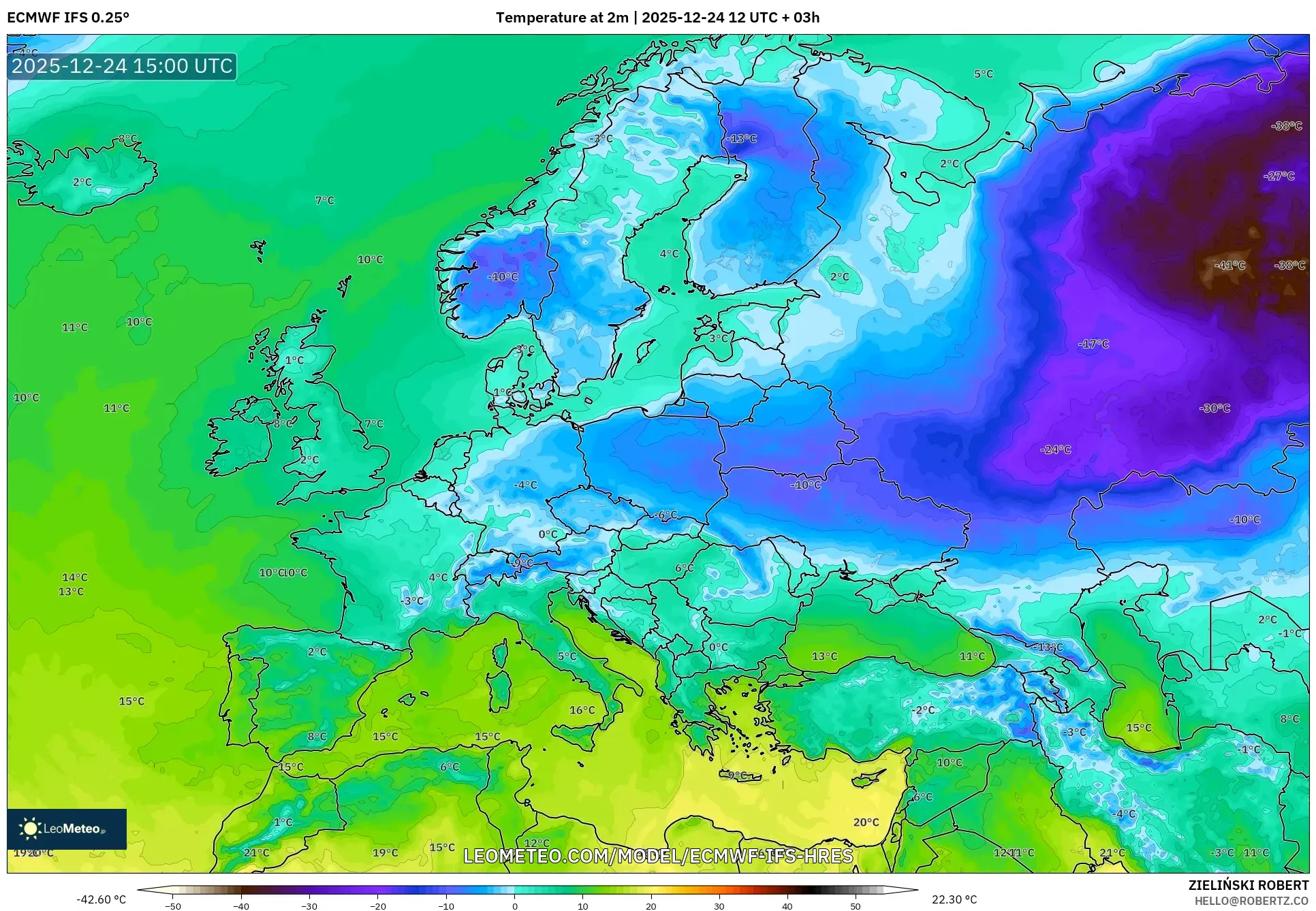 ECMWF IFS 0.25° model - Europe, Temperature at 2m