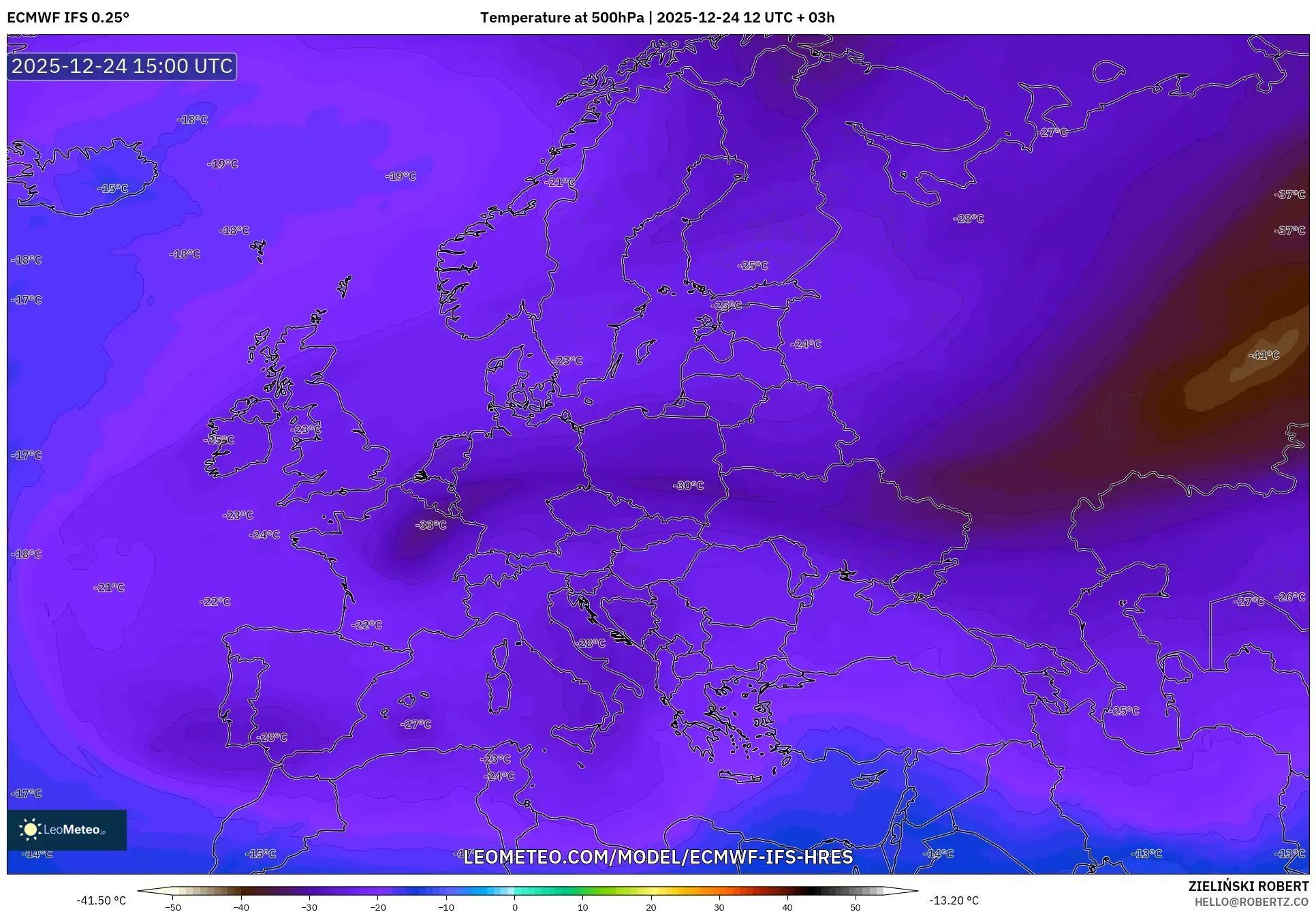 ECMWF IFS 0.25° model - Europe, Temperature at 500hPa
