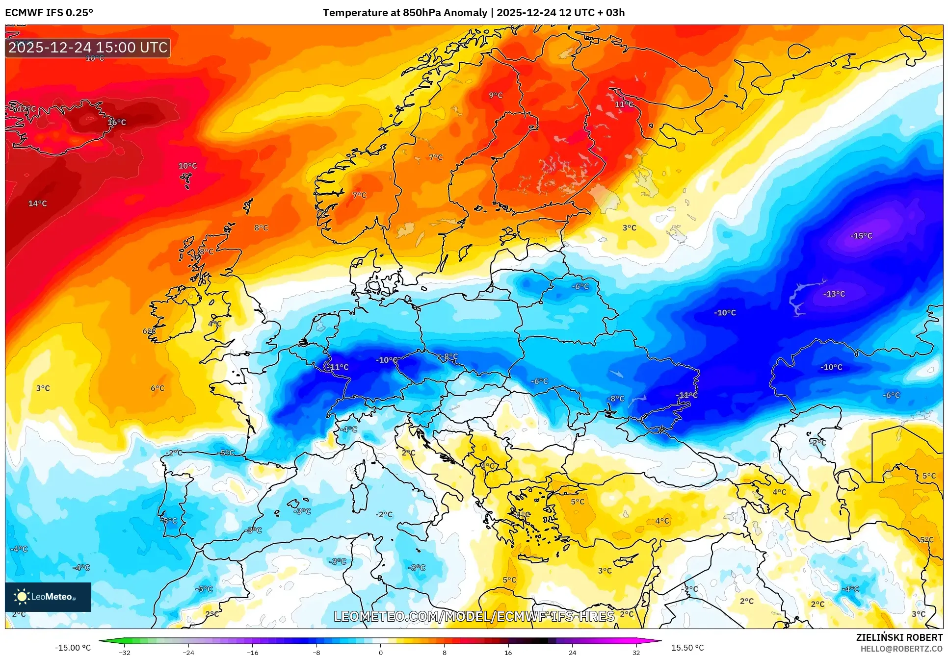 ECMWF IFS 0.25° model - Europe, Temperature at 850hPa Anomaly
