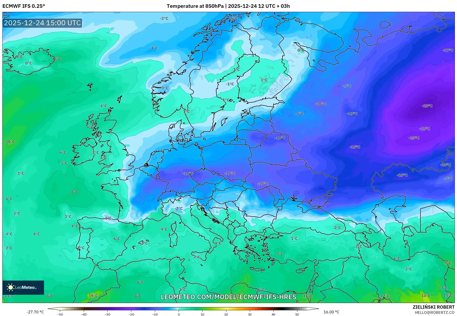 ECMWF IFS 0.25° model - Europe, Temperature at 850hPa