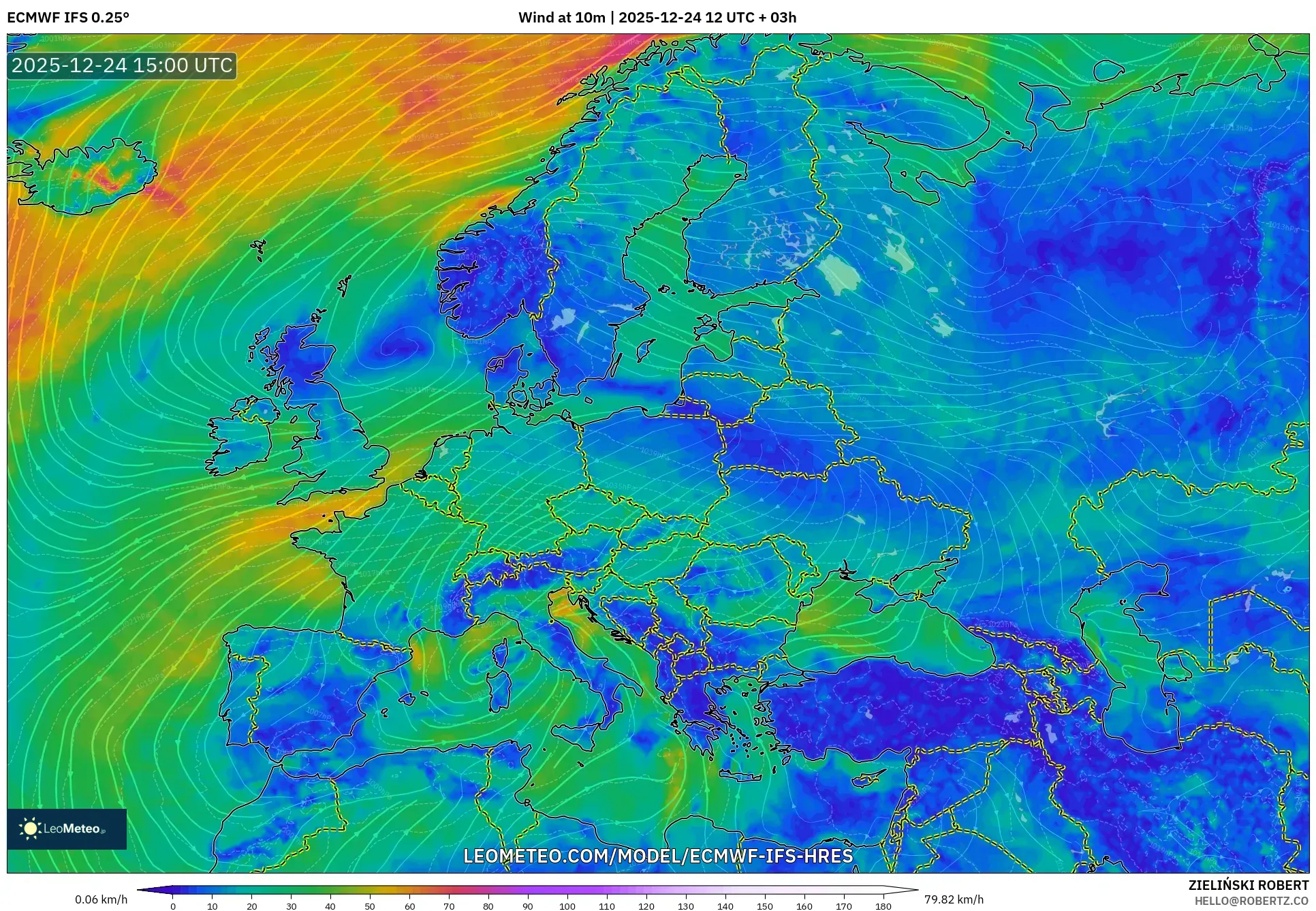ECMWF IFS 0.25° model - Europe, Wind at 10m