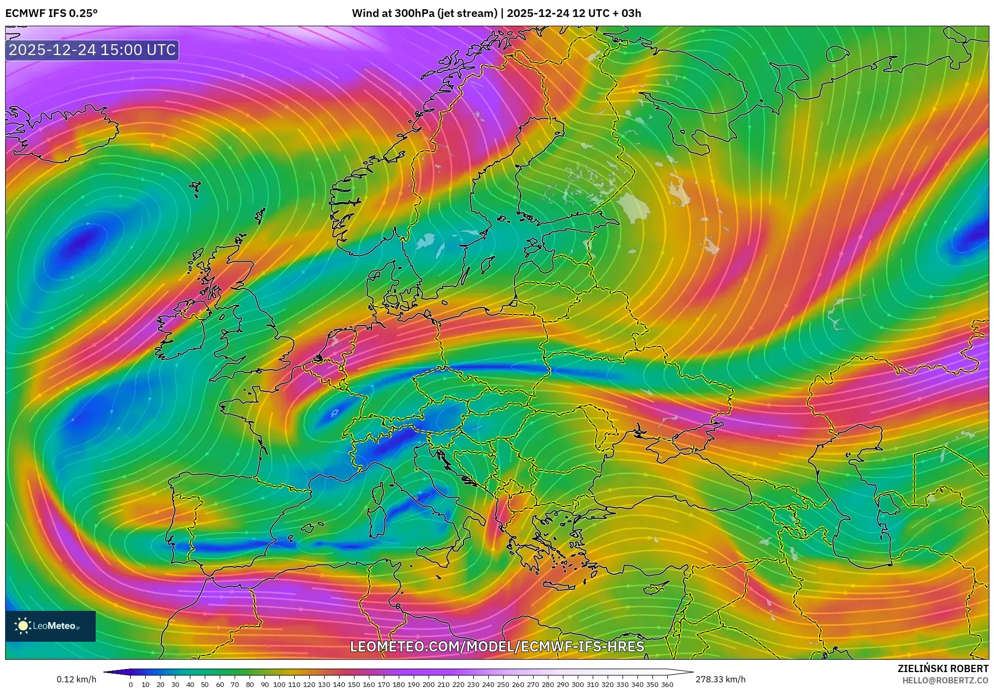 ECMWF IFS 0.25° model - Europe, Wind at 300hPa (jet stream)