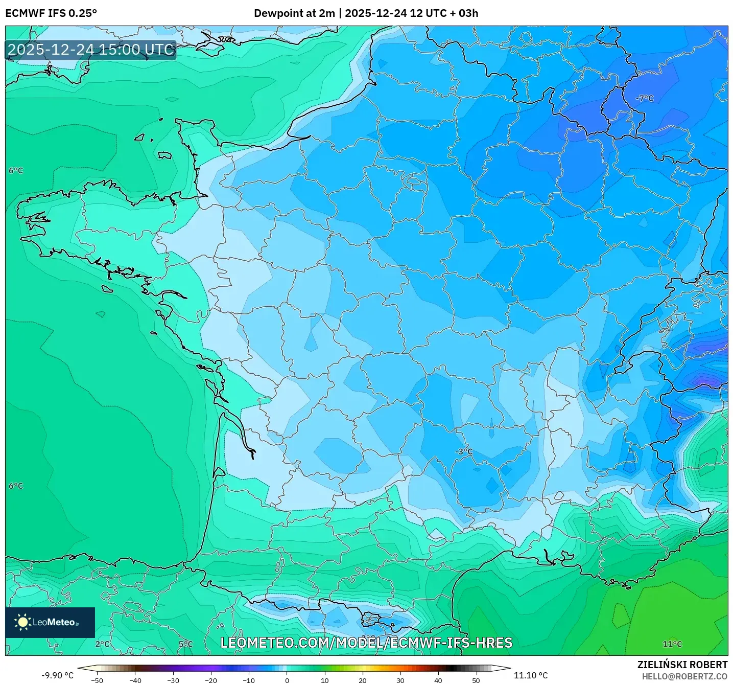 ECMWF IFS 0.25° model - France, Dewpoint at 2m