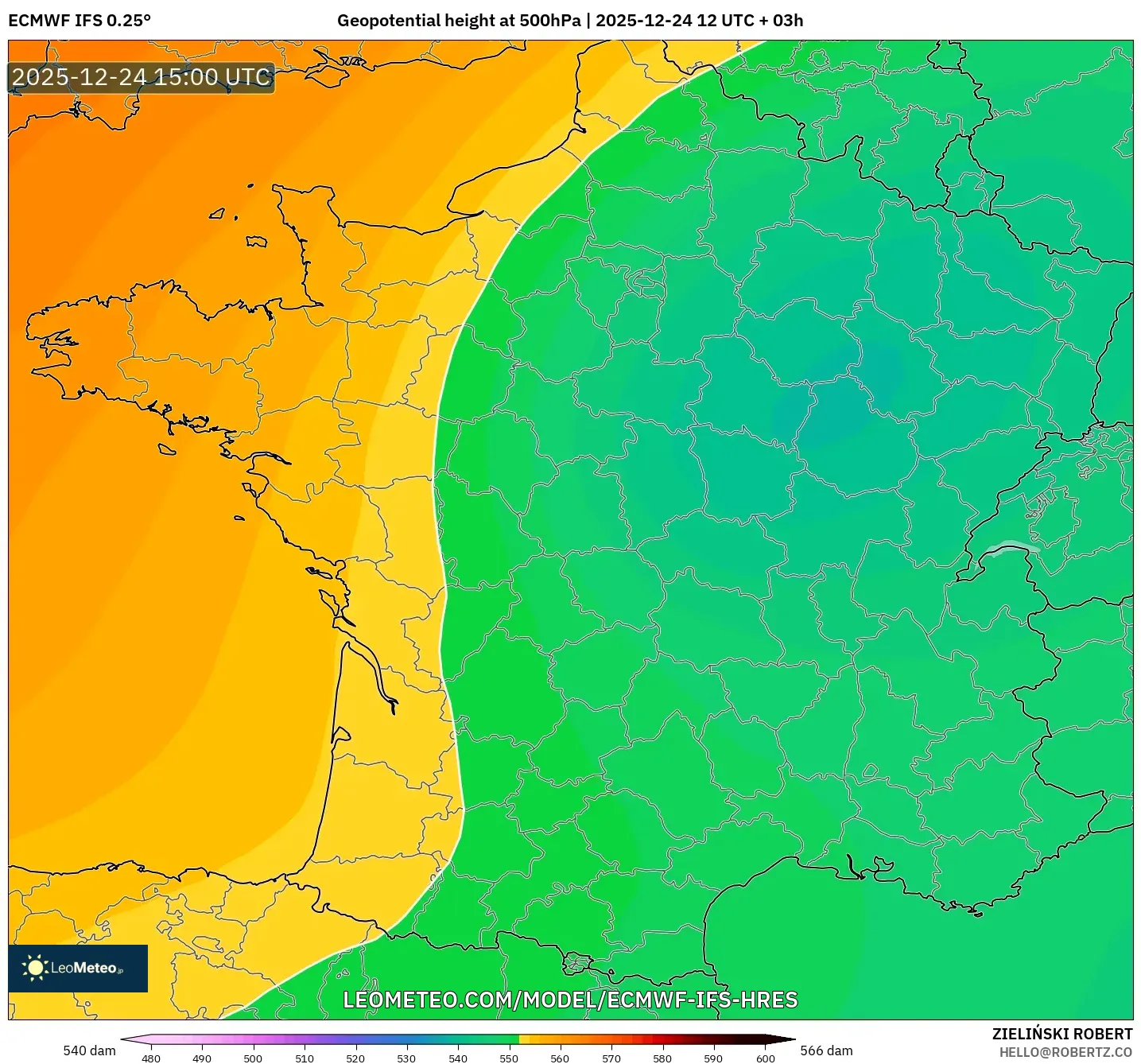 ECMWF IFS 0.25° model - France, Geopotential height at 500hPa