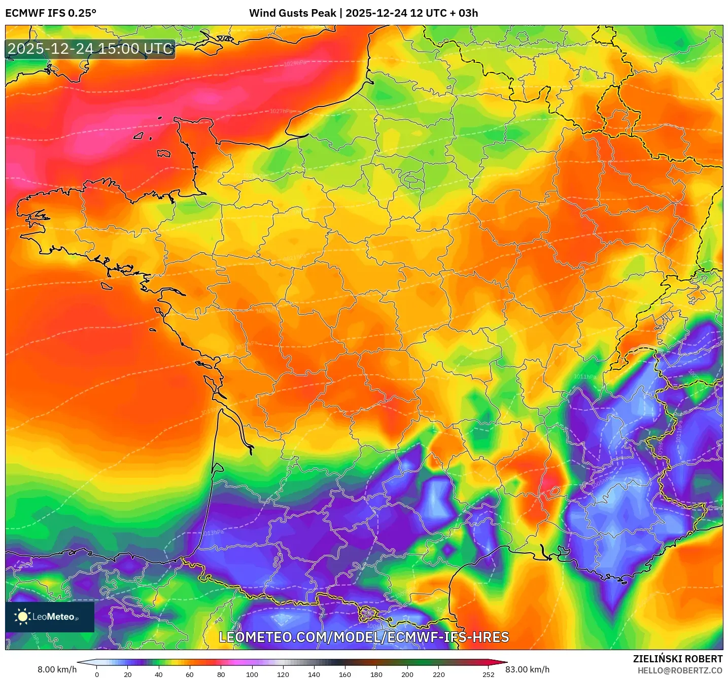 ECMWF IFS 0.25° model - France, Wind Gusts Peak