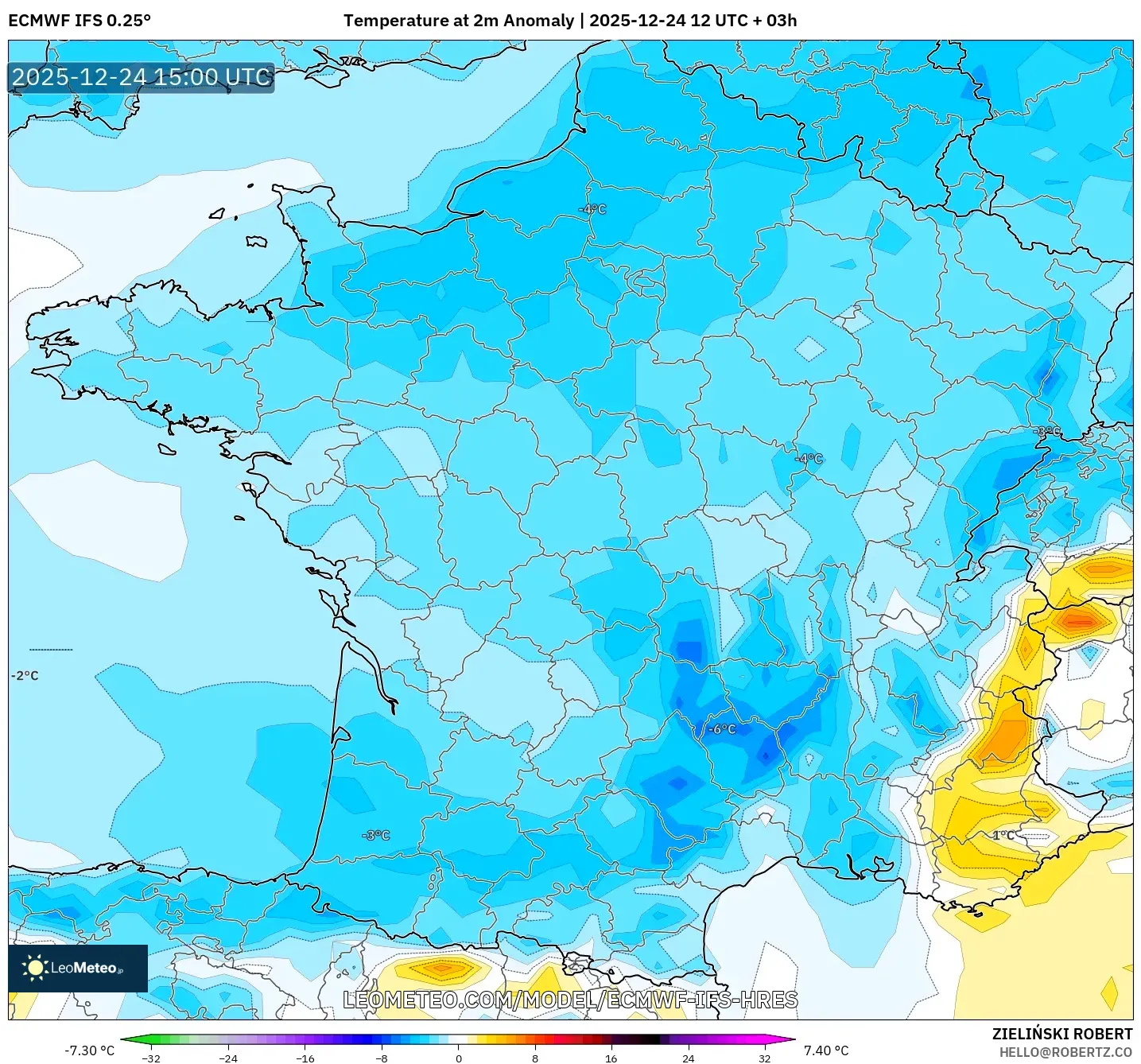 ECMWF IFS 0.25° model - France, Temperature at 2m Anomaly