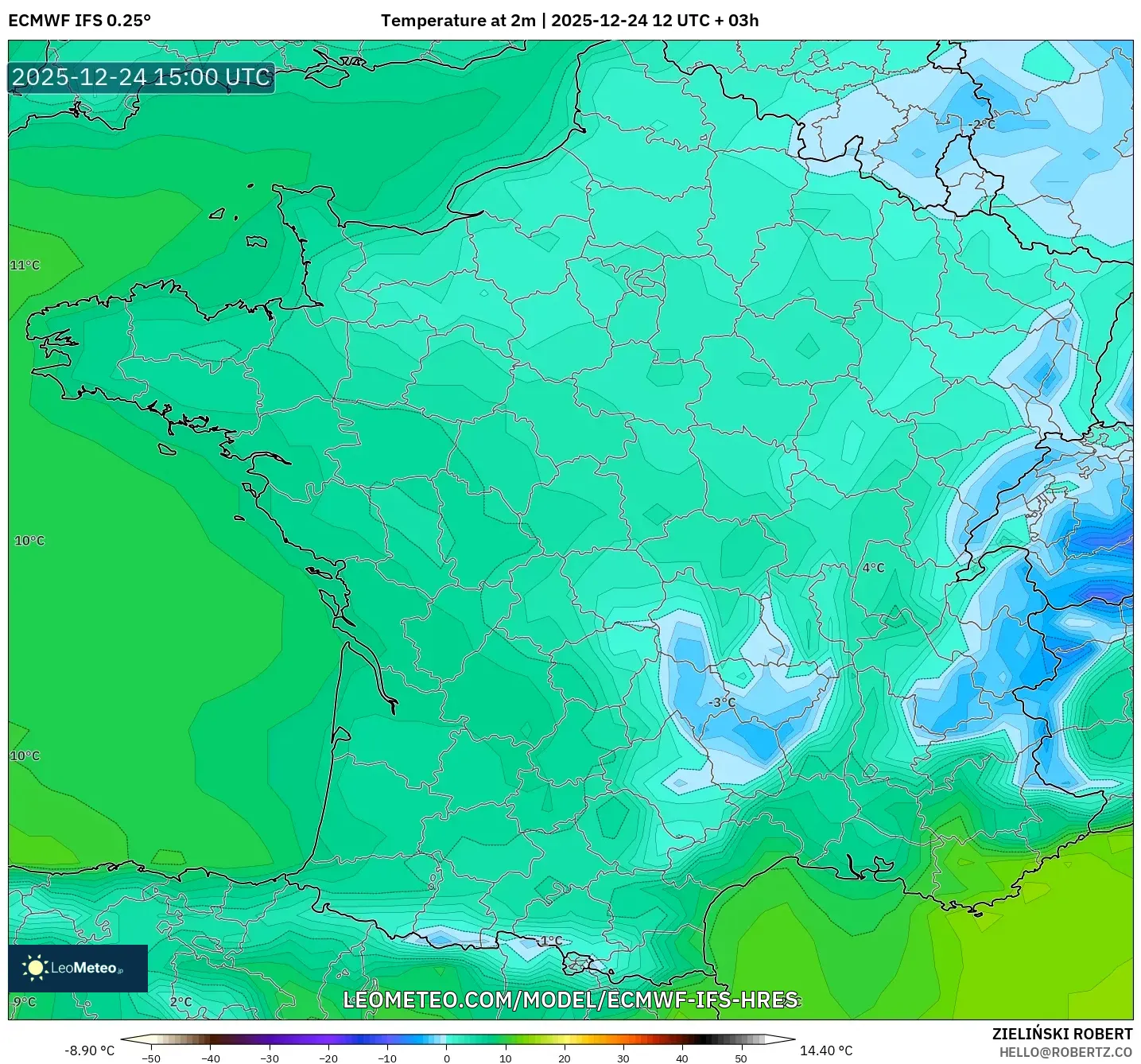 ECMWF IFS 0.25° model - France, Temperature at 2m
