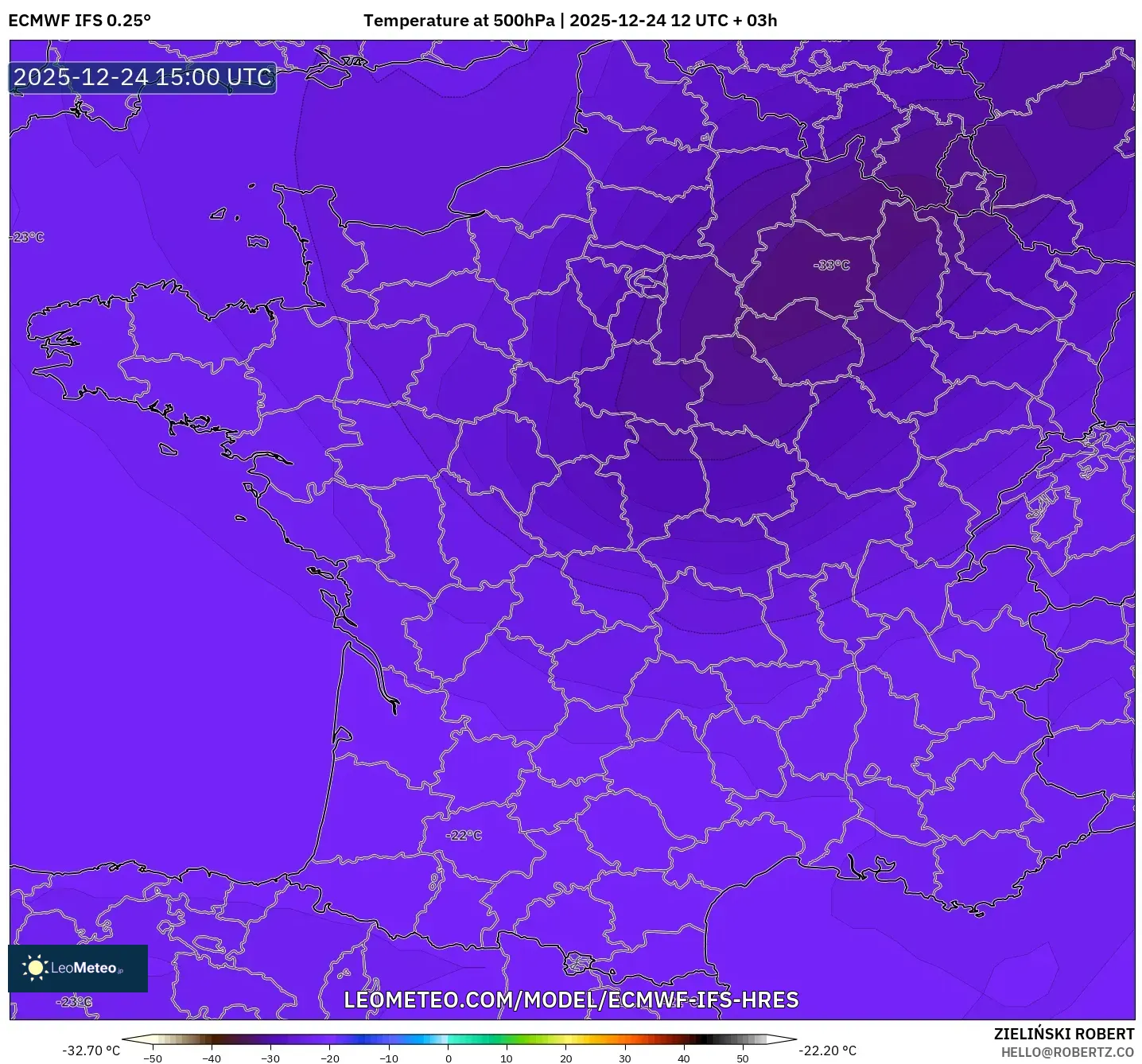 ECMWF IFS 0.25° model - France, Temperature at 500hPa