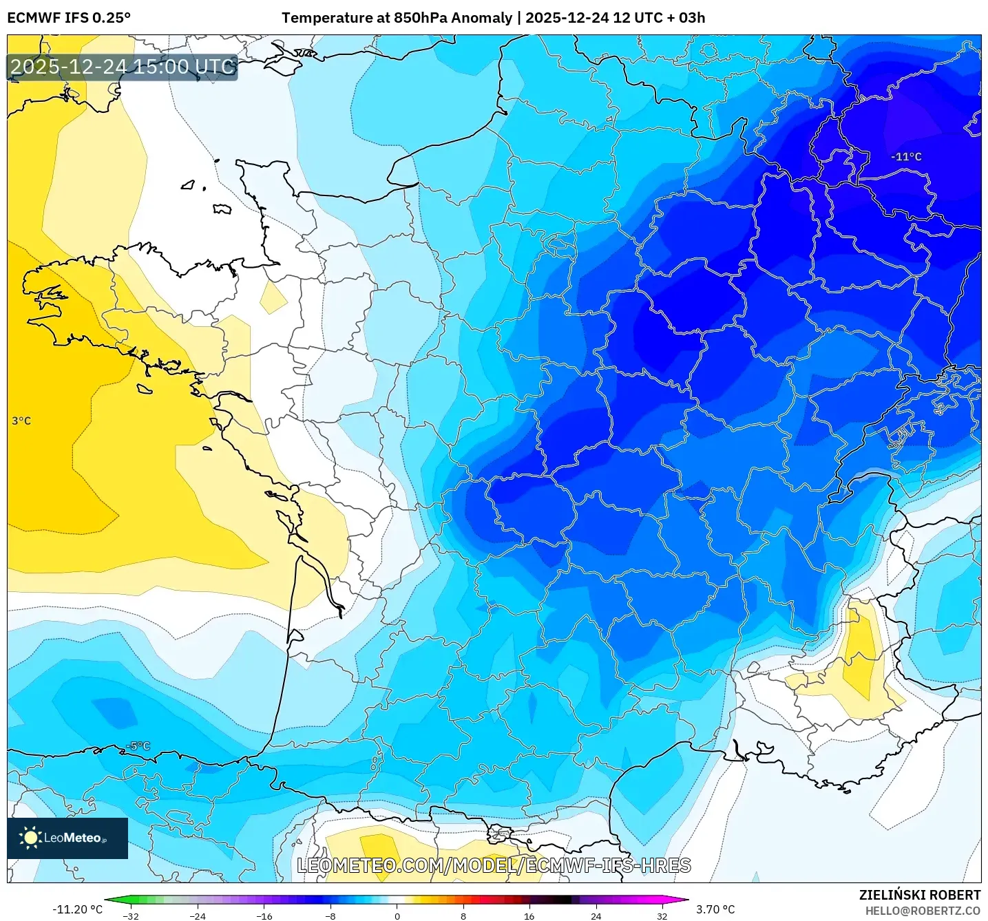 ECMWF IFS 0.25° model - France, Temperature at 850hPa Anomaly