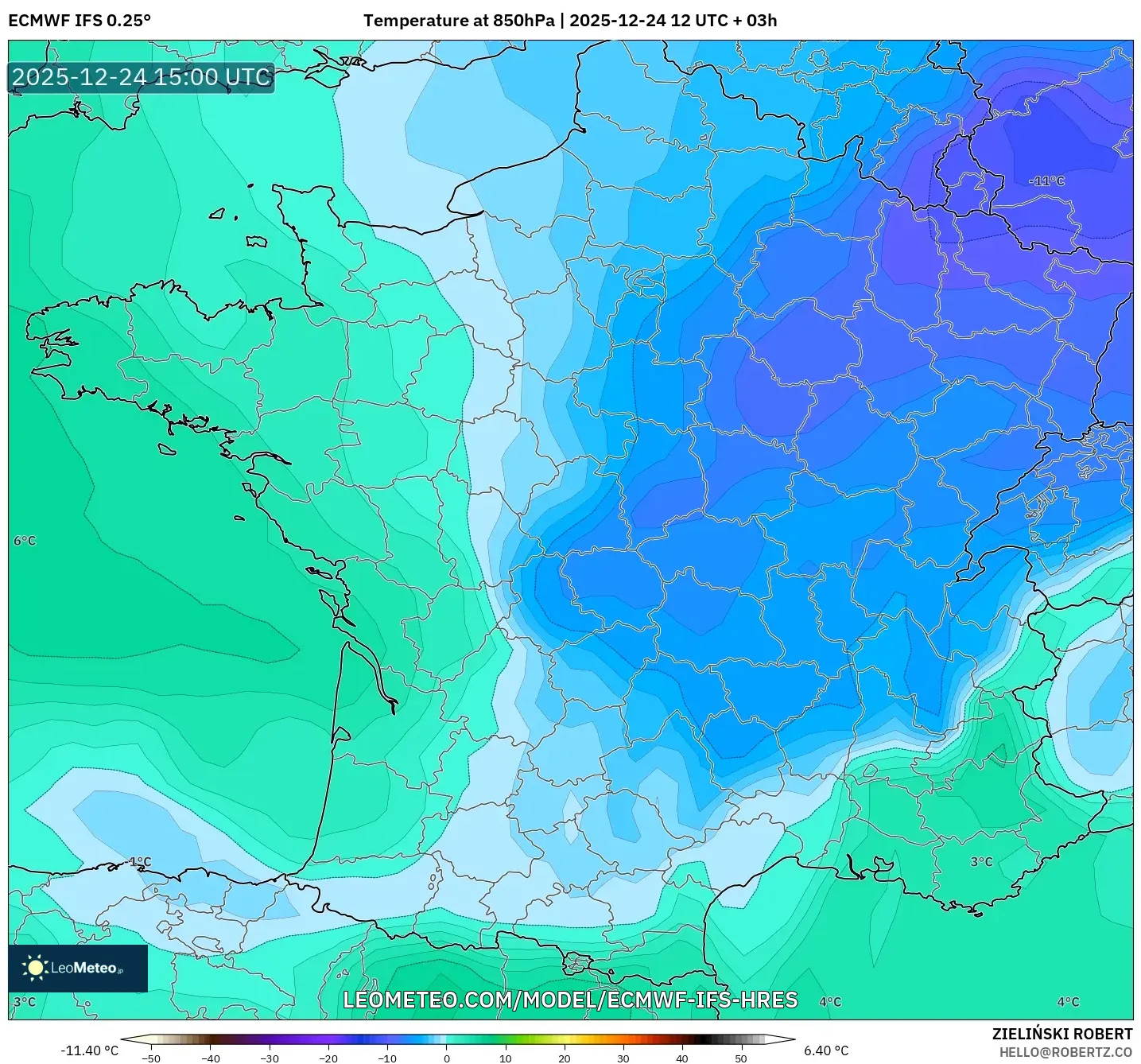 ECMWF IFS 0.25° model - France, Temperature at 850hPa