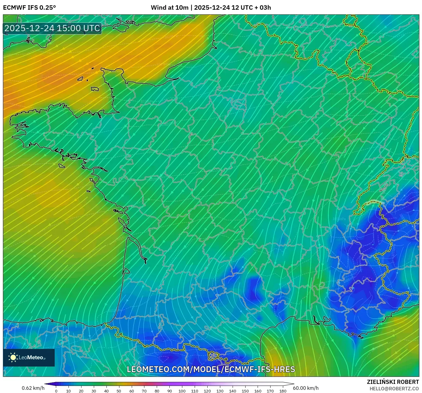 ECMWF IFS 0.25° model - France, Wind at 10m