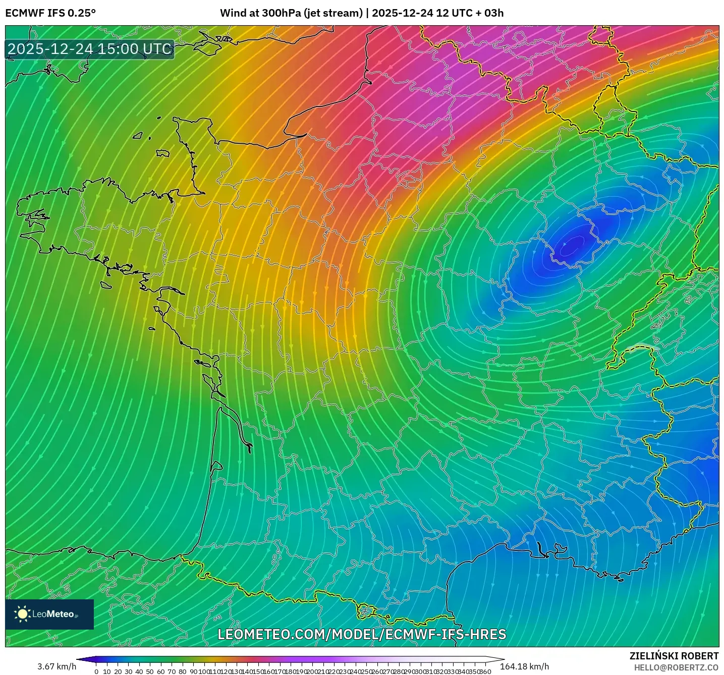 ECMWF IFS 0.25° model - France, Wind at 300hPa (jet stream)