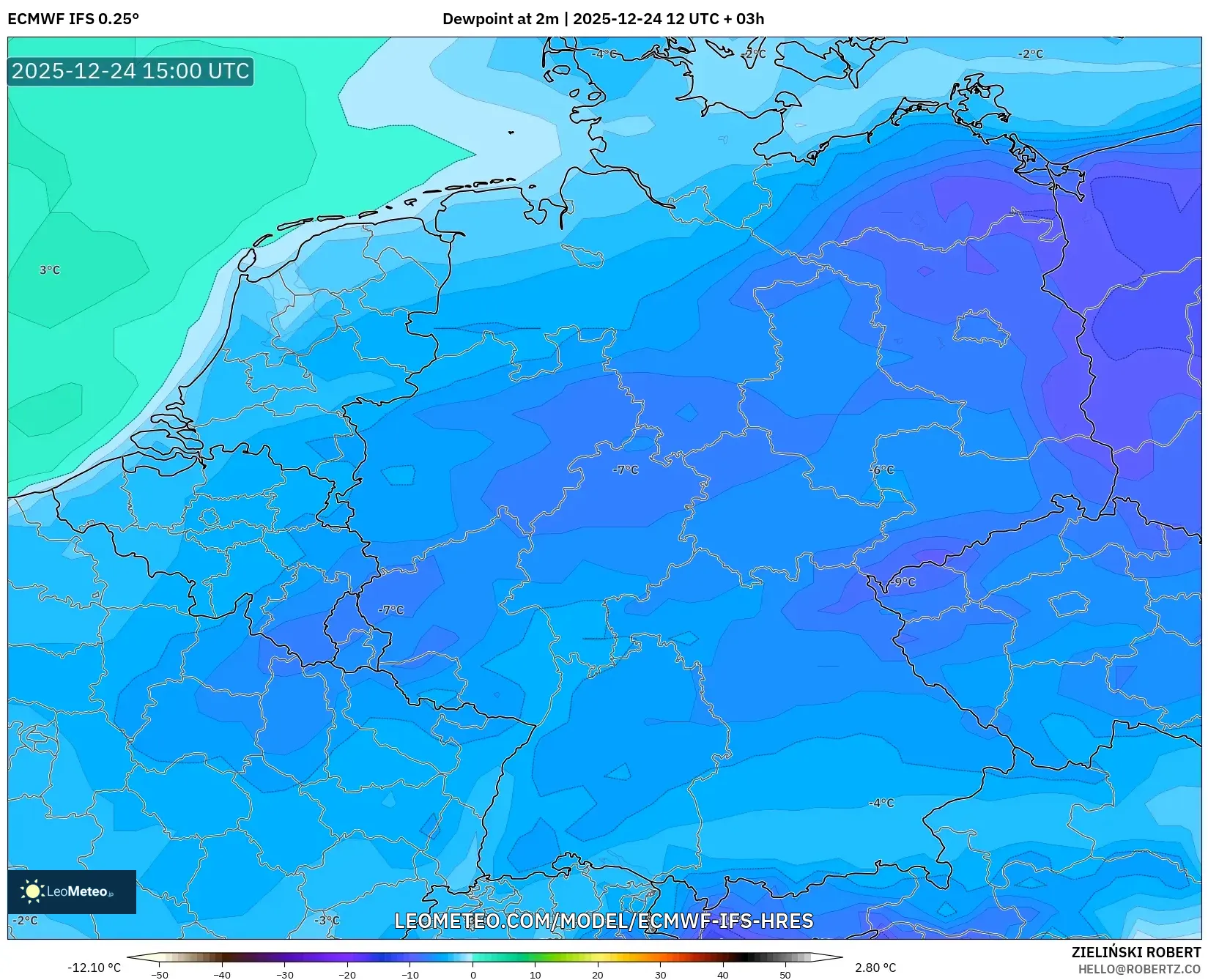 ECMWF IFS 0.25° model - Germany, Dewpoint at 2m