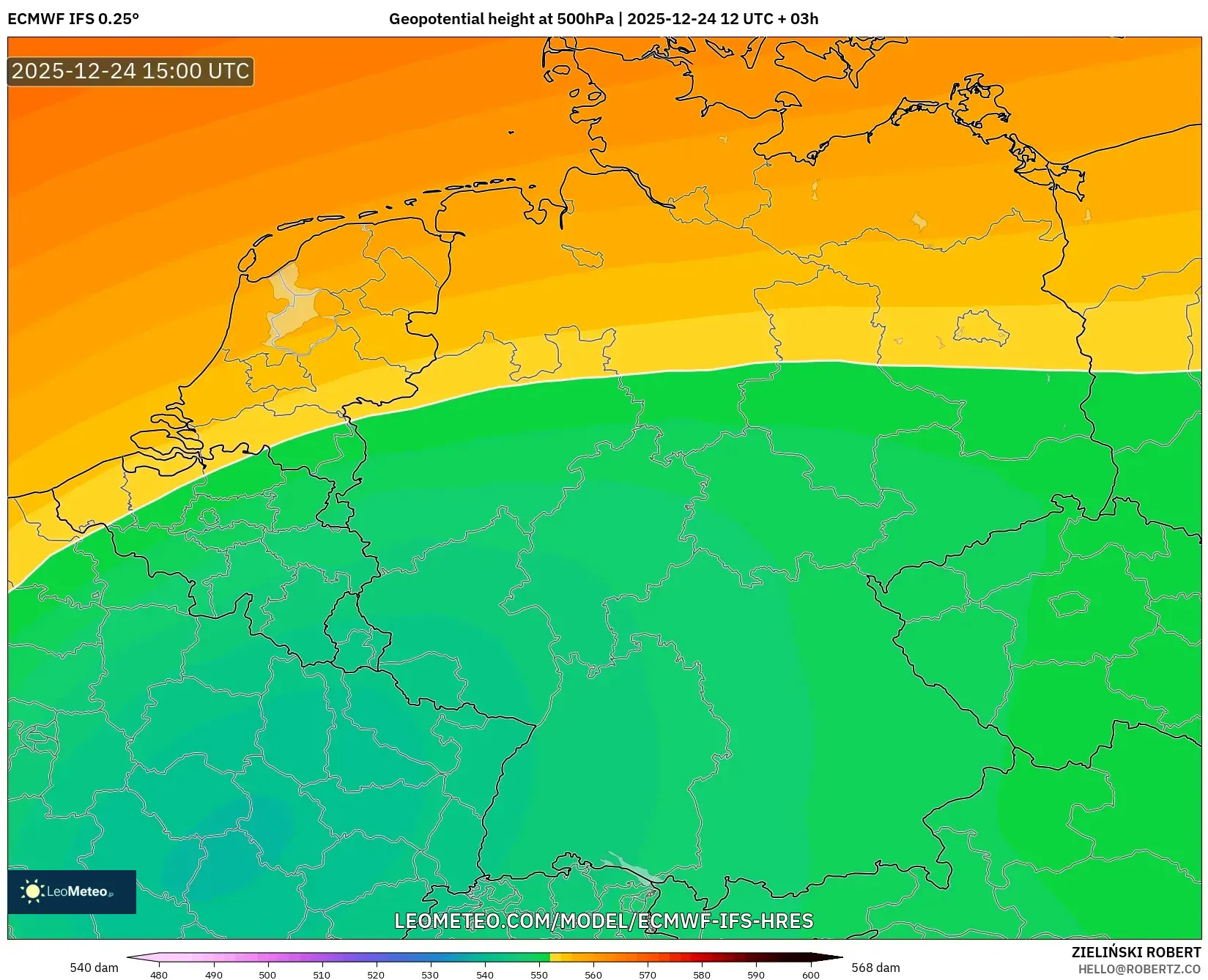 ECMWF IFS 0.25° model - Germany, Geopotential height at 500hPa