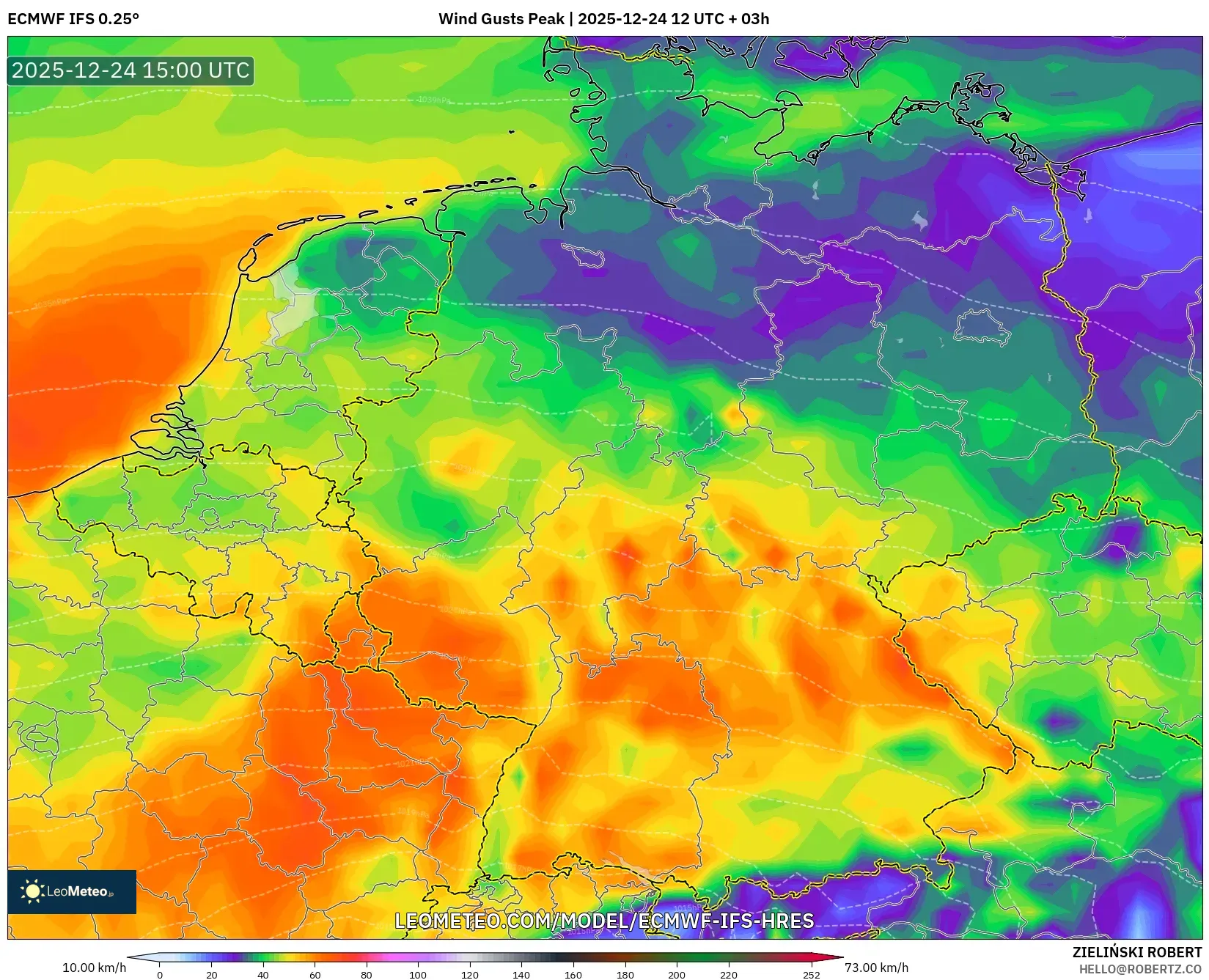 ECMWF IFS 0.25° model - Germany, Wind Gusts Peak