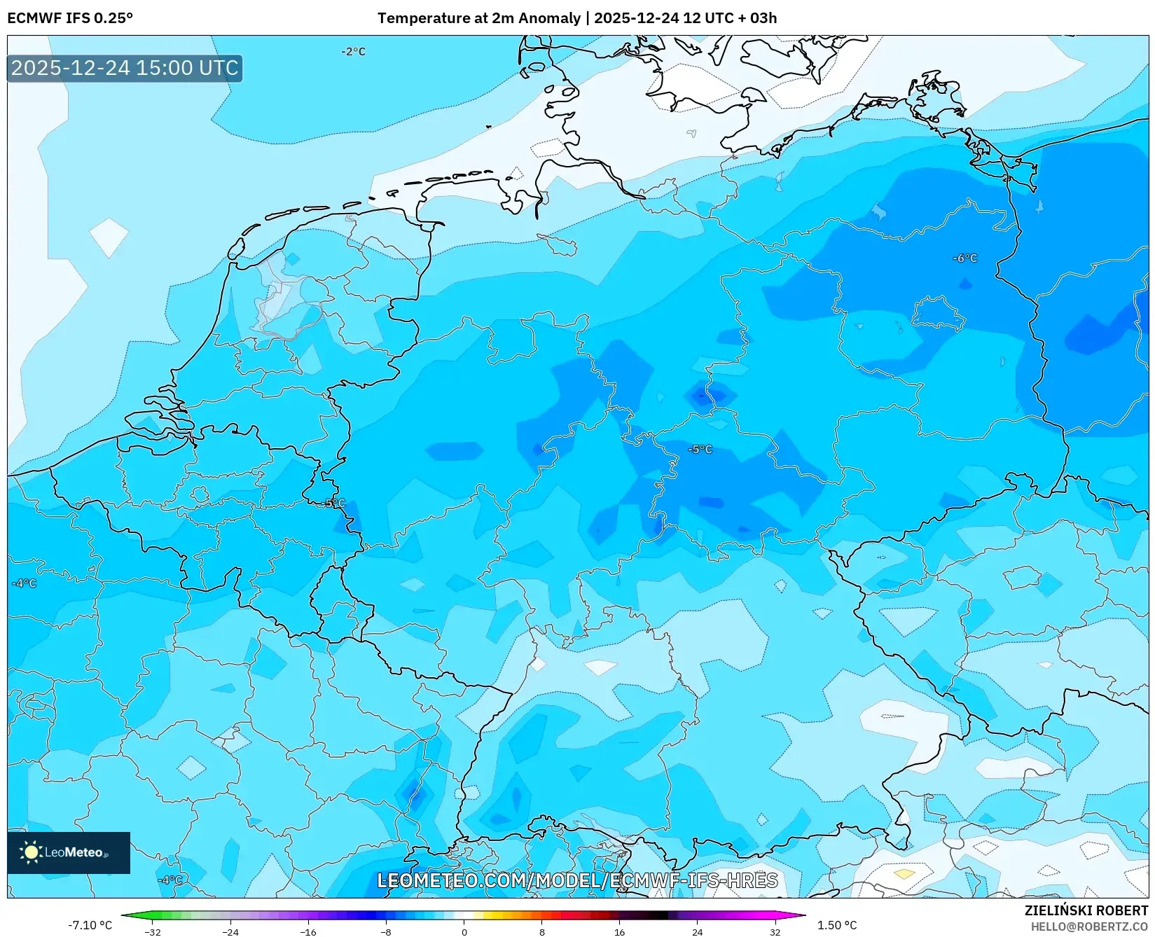 ECMWF IFS 0.25° model - Germany, Temperature at 2m Anomaly