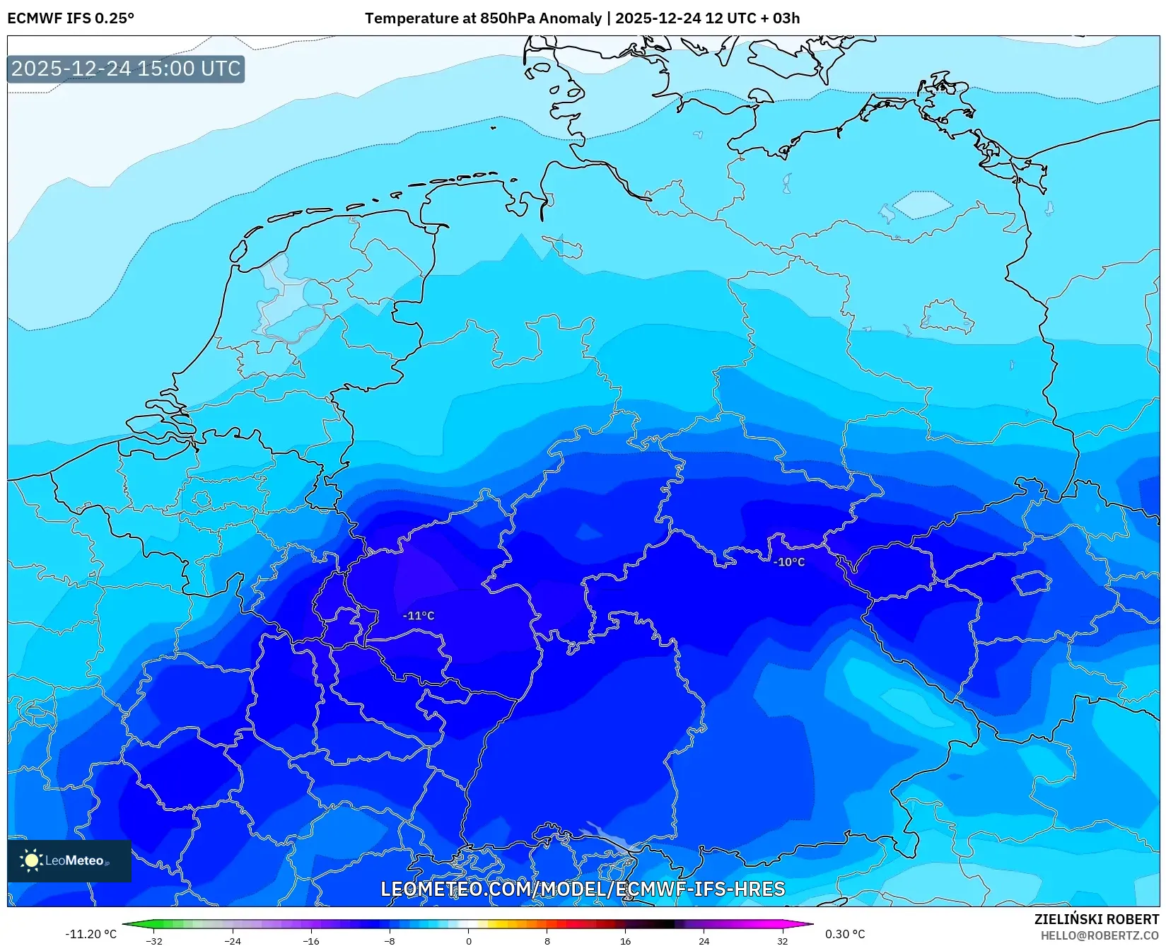 ECMWF IFS 0.25° model - Germany, Temperature at 850hPa Anomaly