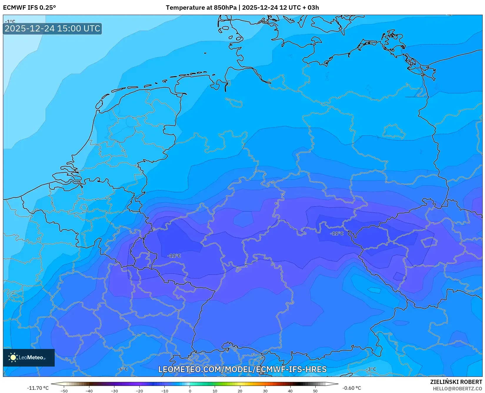ECMWF IFS 0.25° model - Germany, Temperature at 850hPa
