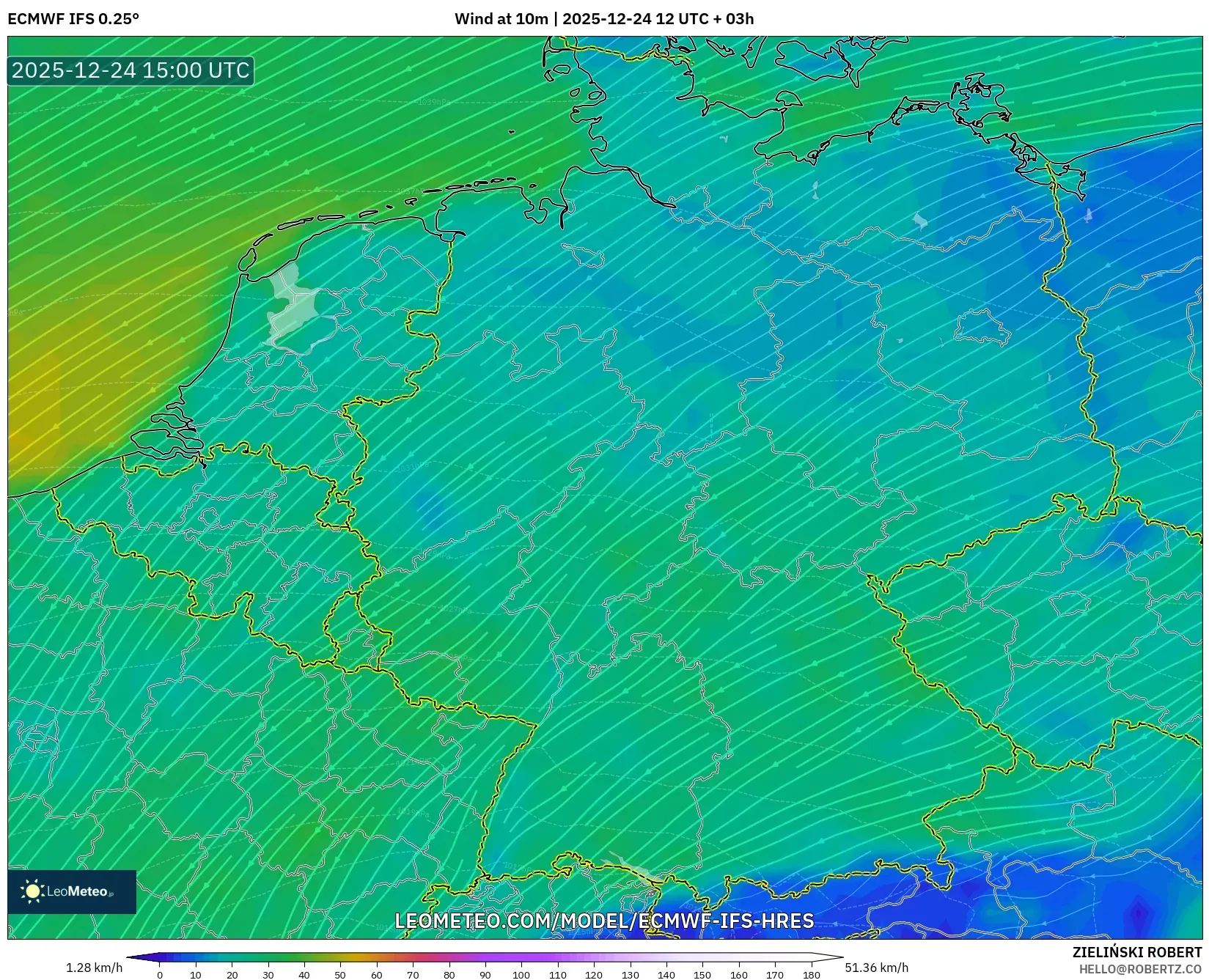 ECMWF IFS 0.25° model - Germany, Wind at 10m