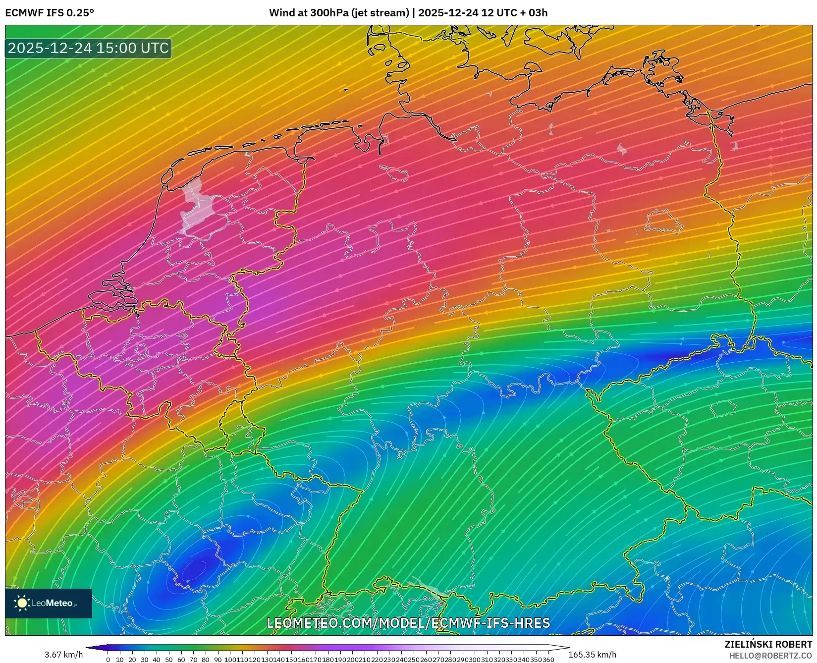 ECMWF IFS 0.25° model - Germany, Wind at 300hPa (jet stream)