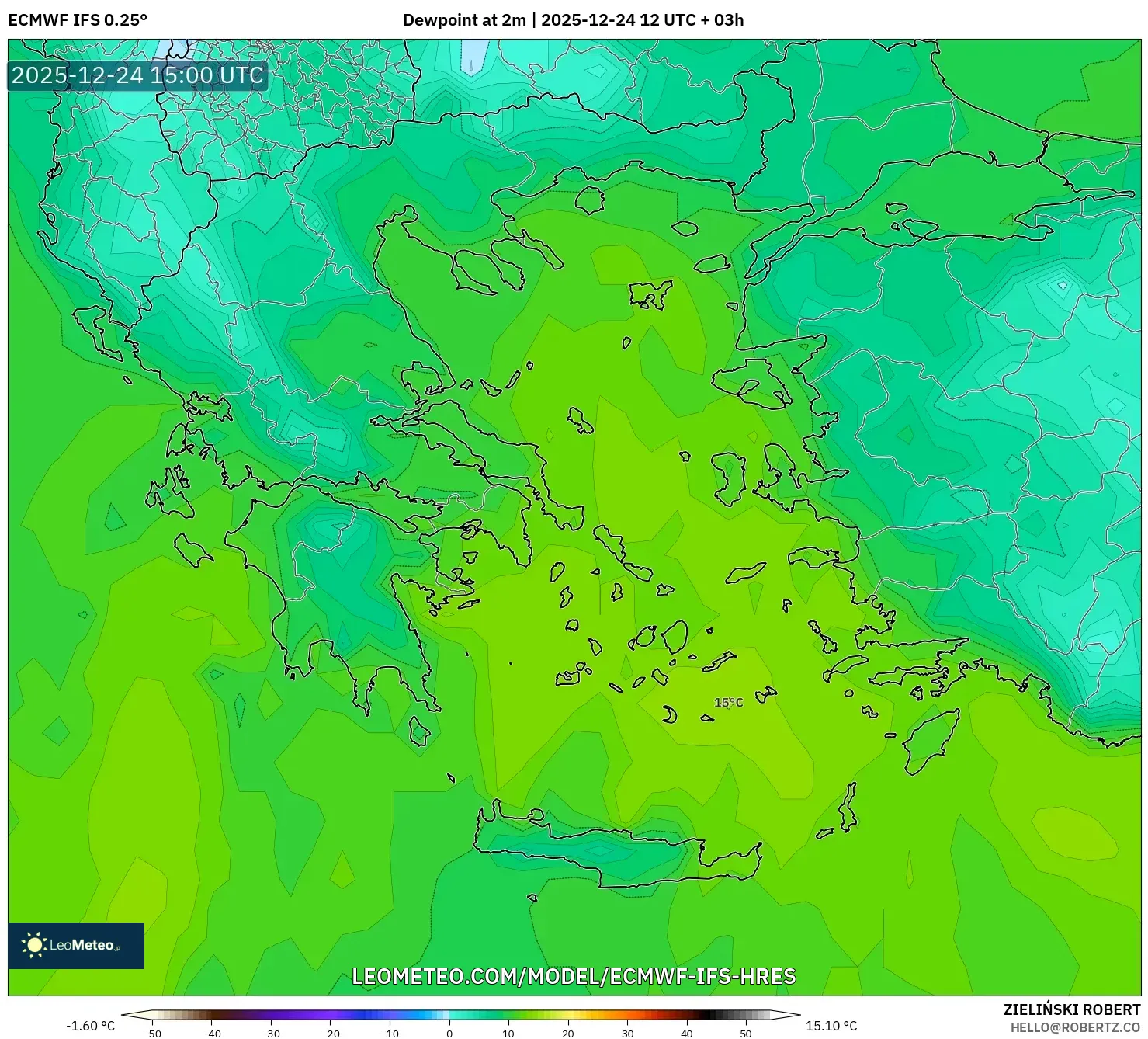 ECMWF IFS 0.25° model - Greece, Dewpoint at 2m