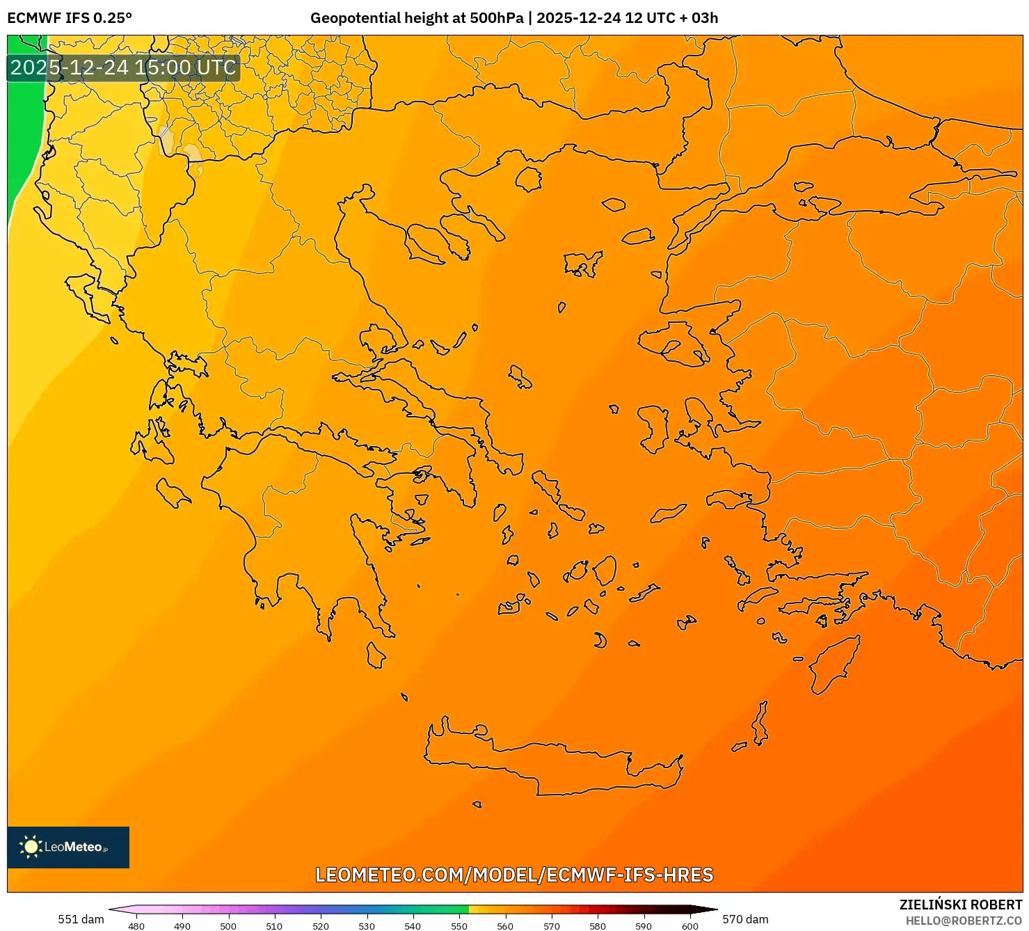 ECMWF IFS 0.25° model - Greece, Geopotential height at 500hPa