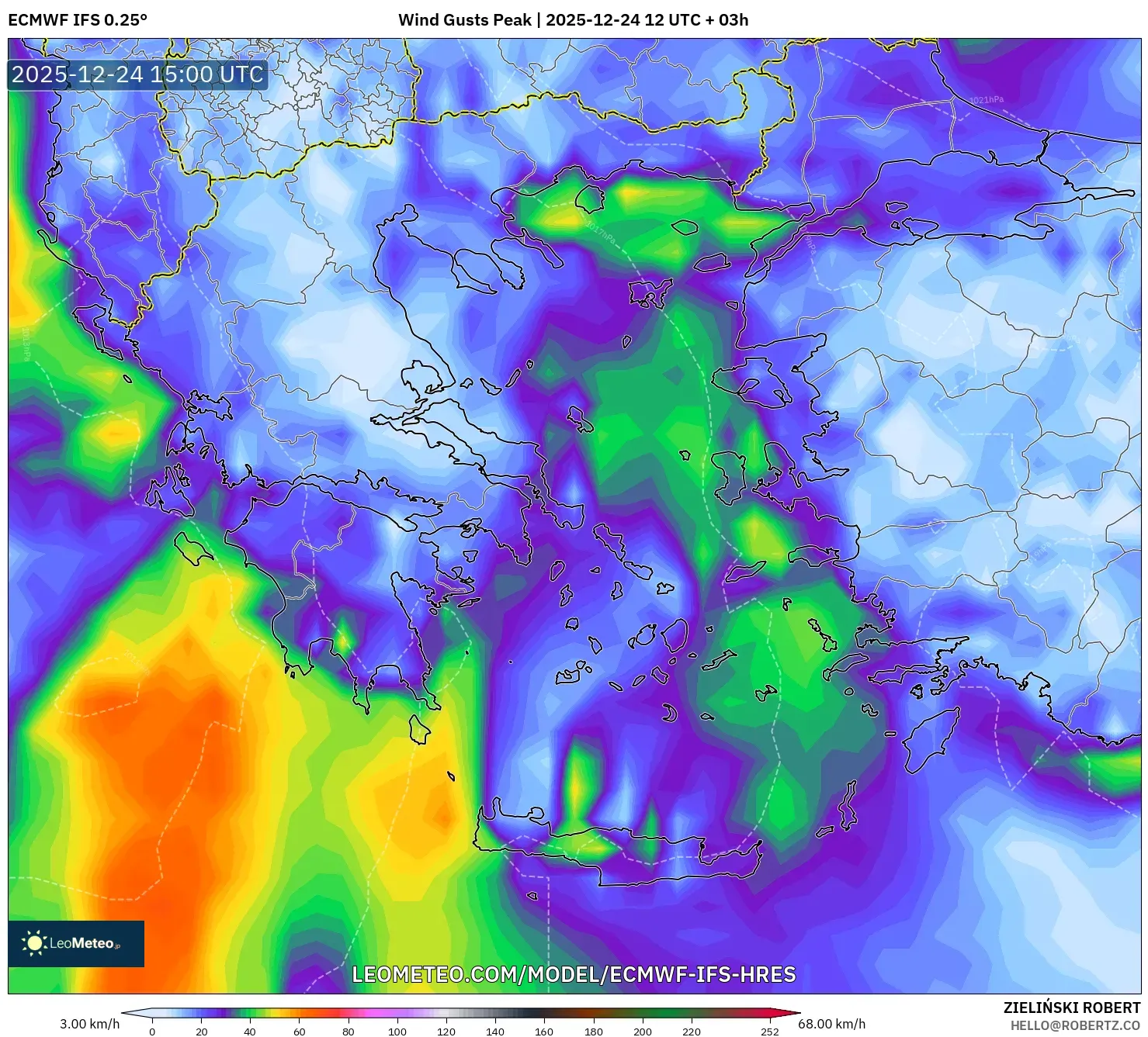 ECMWF IFS 0.25° model - Greece, Wind Gusts Peak
