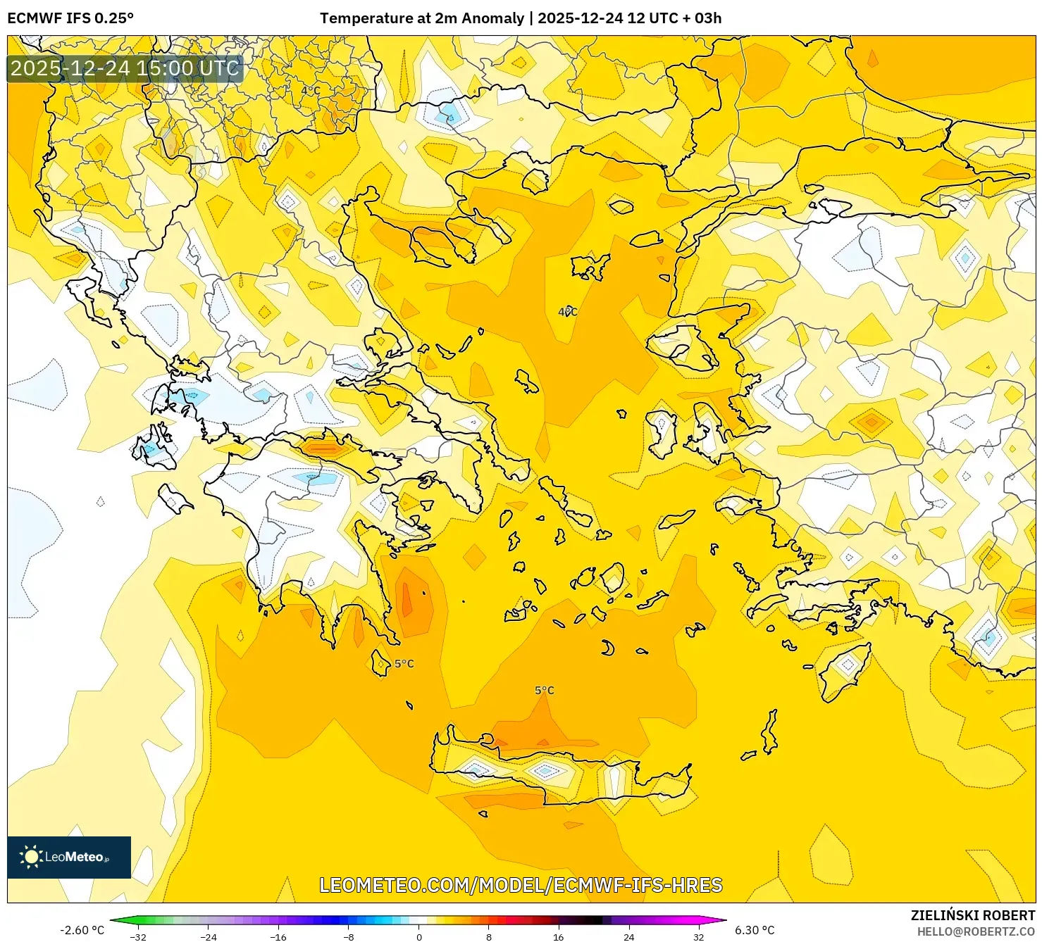 ECMWF IFS 0.25° model - Greece, Temperature at 2m Anomaly