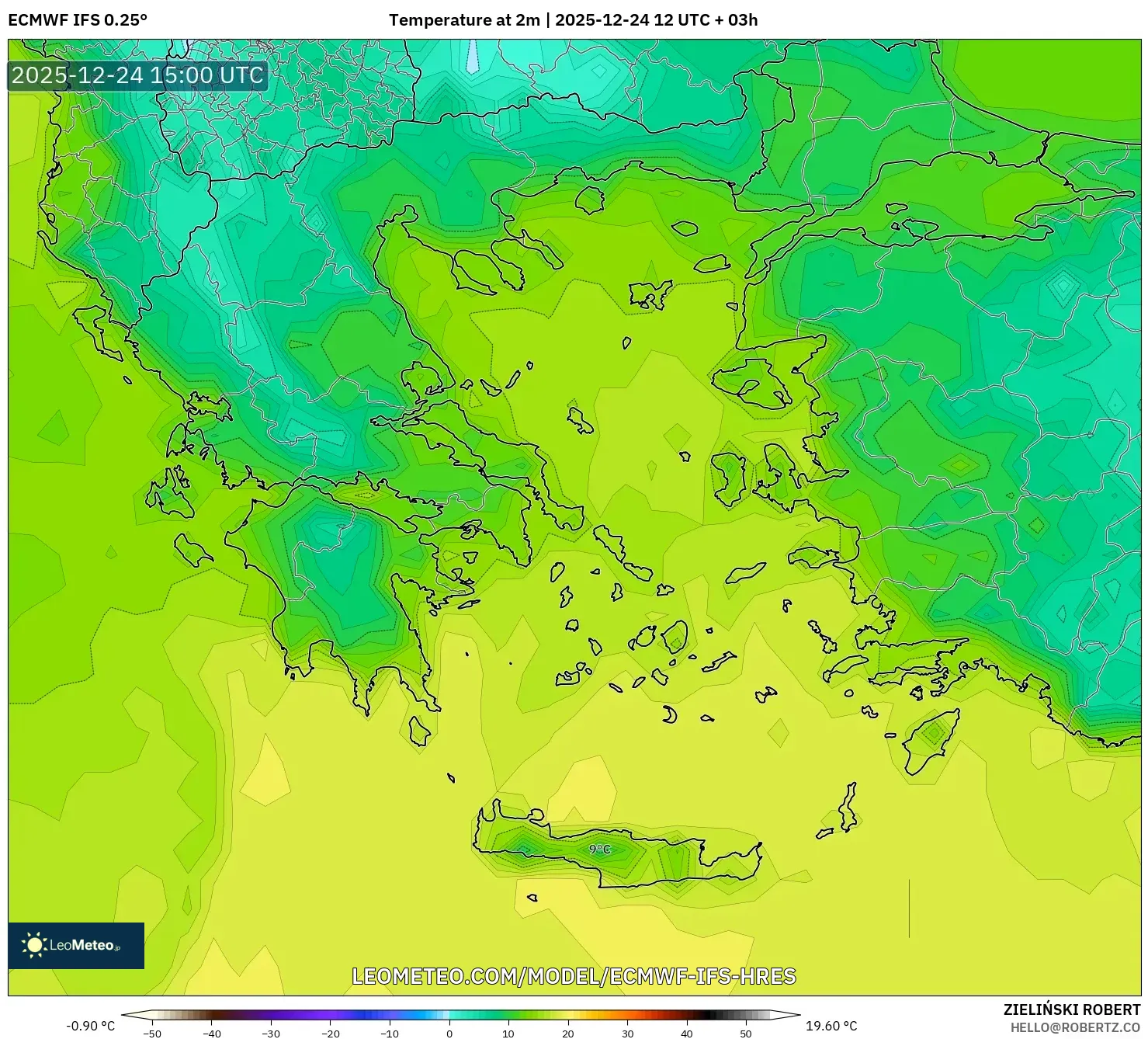 ECMWF IFS 0.25° model - Greece, Temperature at 2m