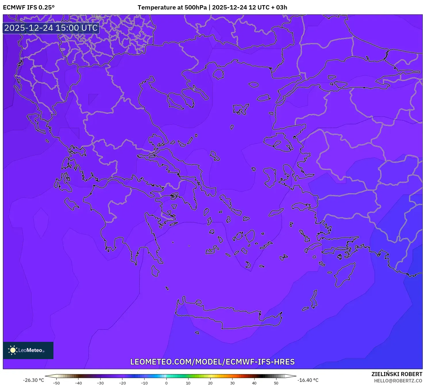 ECMWF IFS 0.25° model - Greece, Temperature at 500hPa