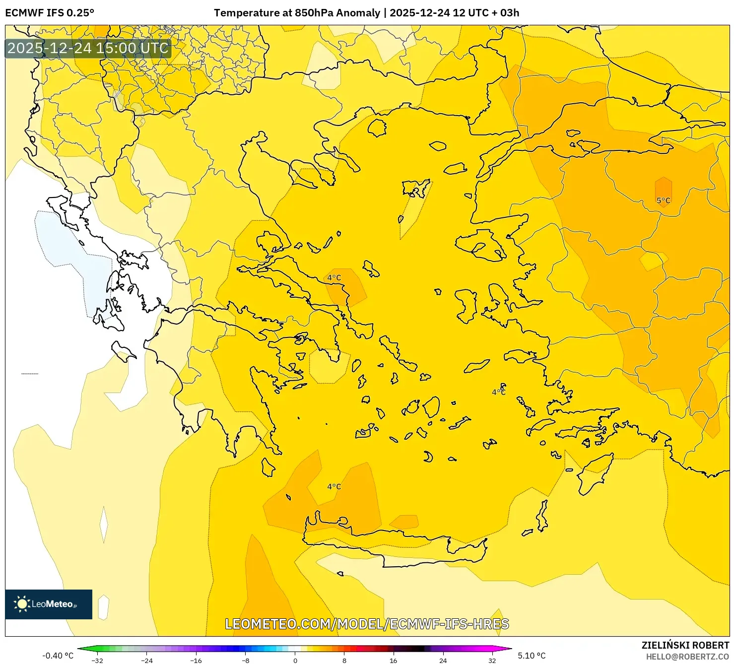 ECMWF IFS 0.25° model - Greece, Temperature at 850hPa Anomaly