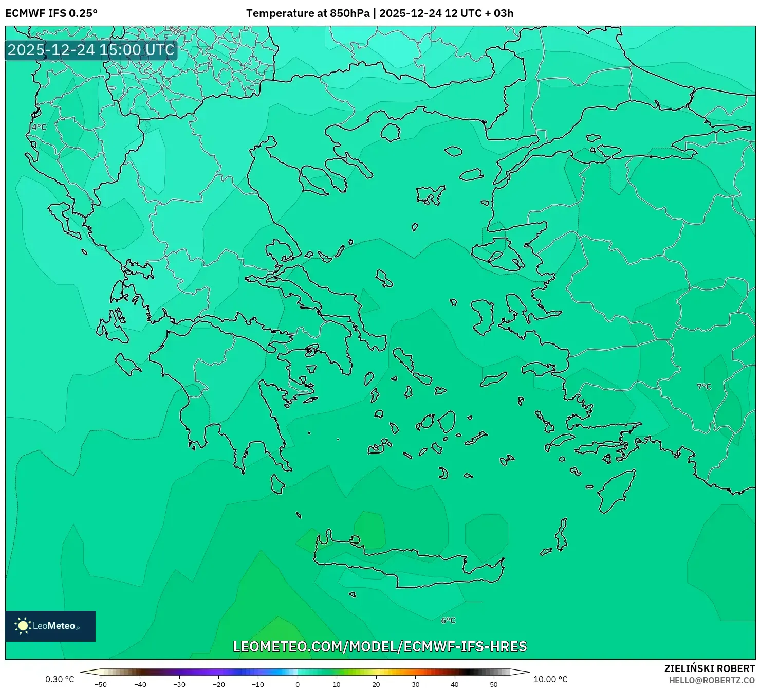 ECMWF IFS 0.25° model - Greece, Temperature at 850hPa