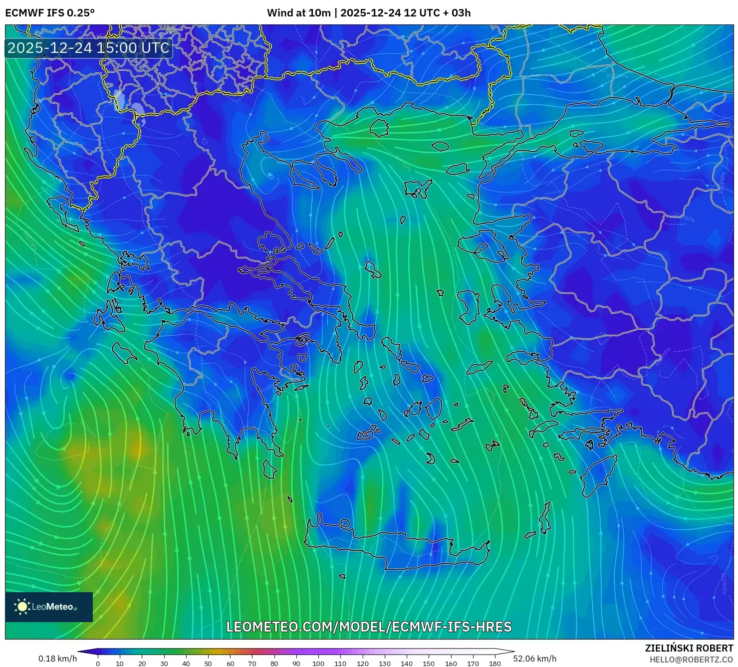 ECMWF IFS 0.25° model - Greece, Wind at 10m