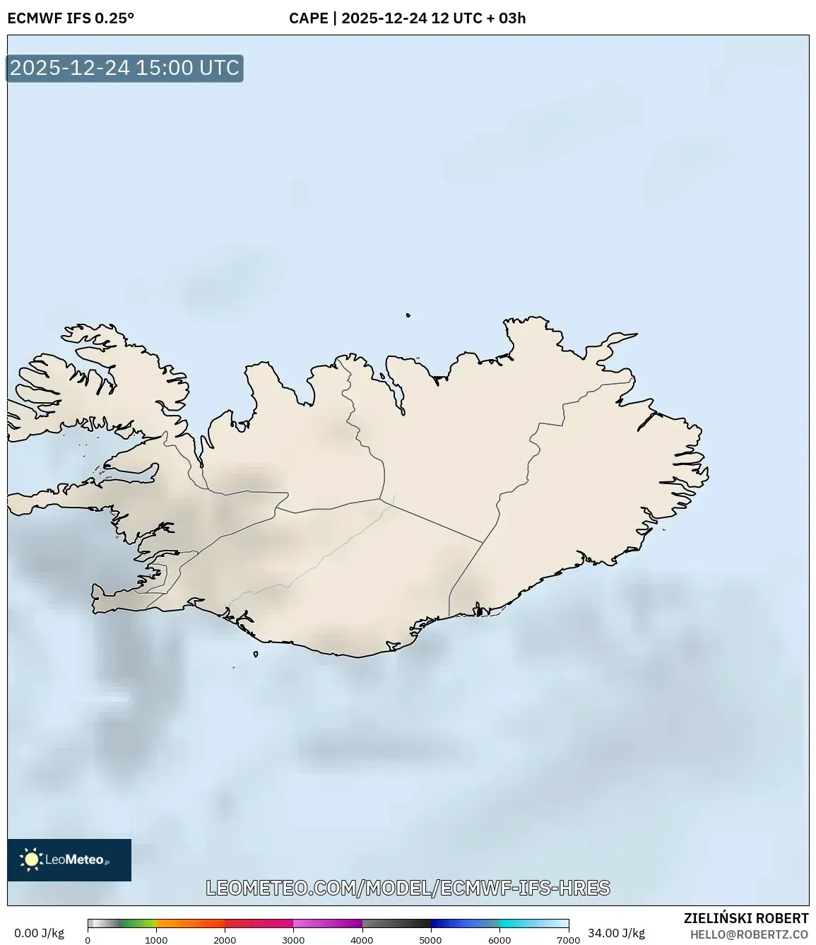 ECMWF IFS 0.25° model - Iceland, CAPE