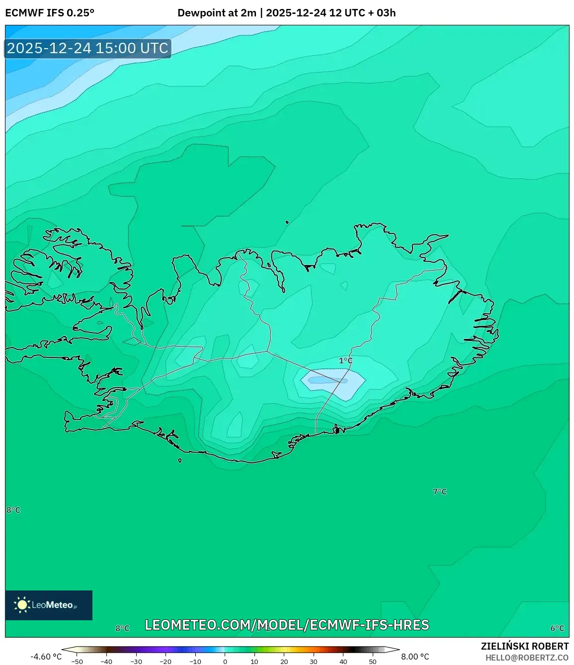 ECMWF IFS 0.25° model - Iceland, Dewpoint at 2m