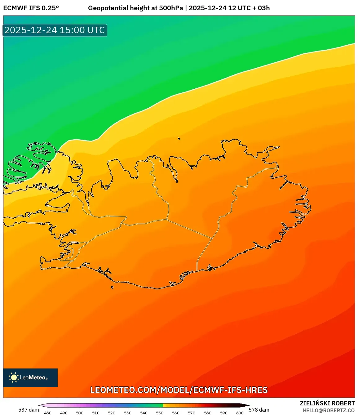 ECMWF IFS 0.25° model - Iceland, Geopotential height at 500hPa