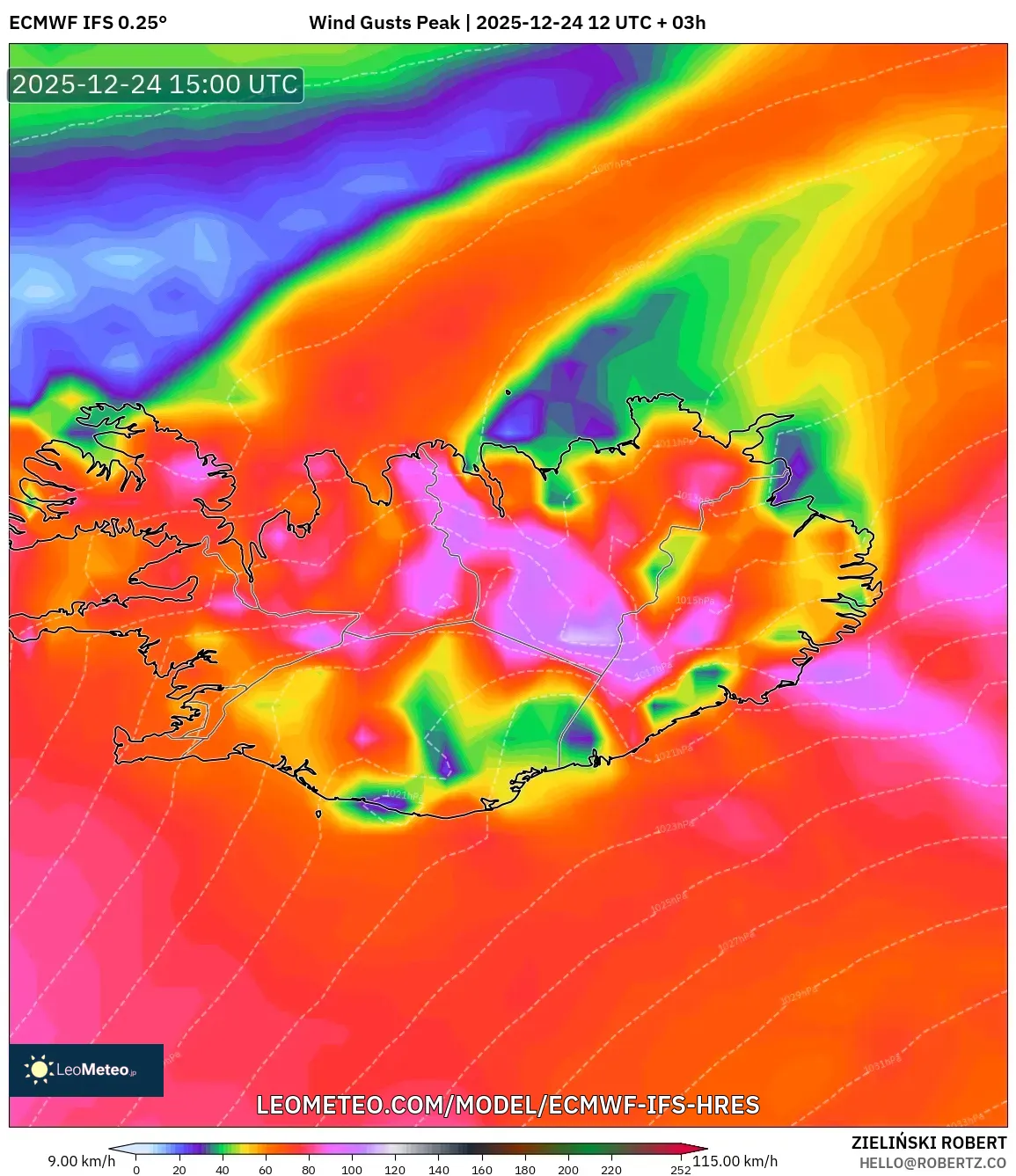 ECMWF IFS 0.25° model - Iceland, Wind Gusts Peak