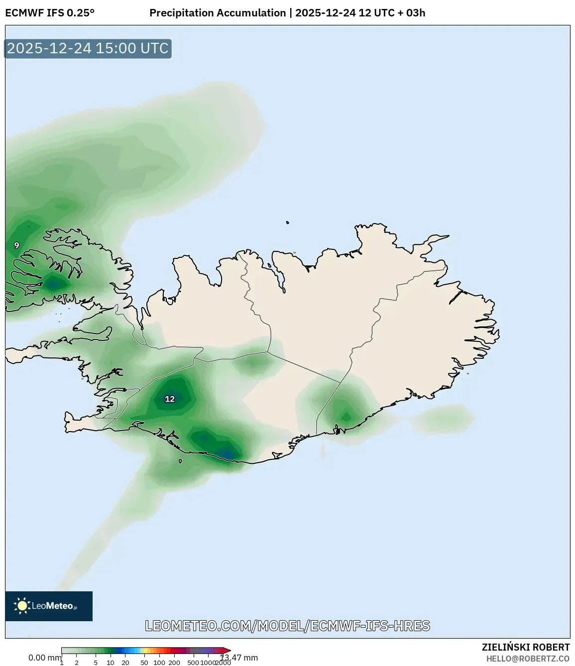 ECMWF IFS 0.25° model - Iceland, Precipitation Accumulation