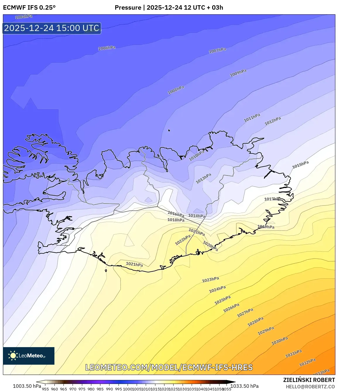 ECMWF IFS 0.25° model - Iceland, Pressure