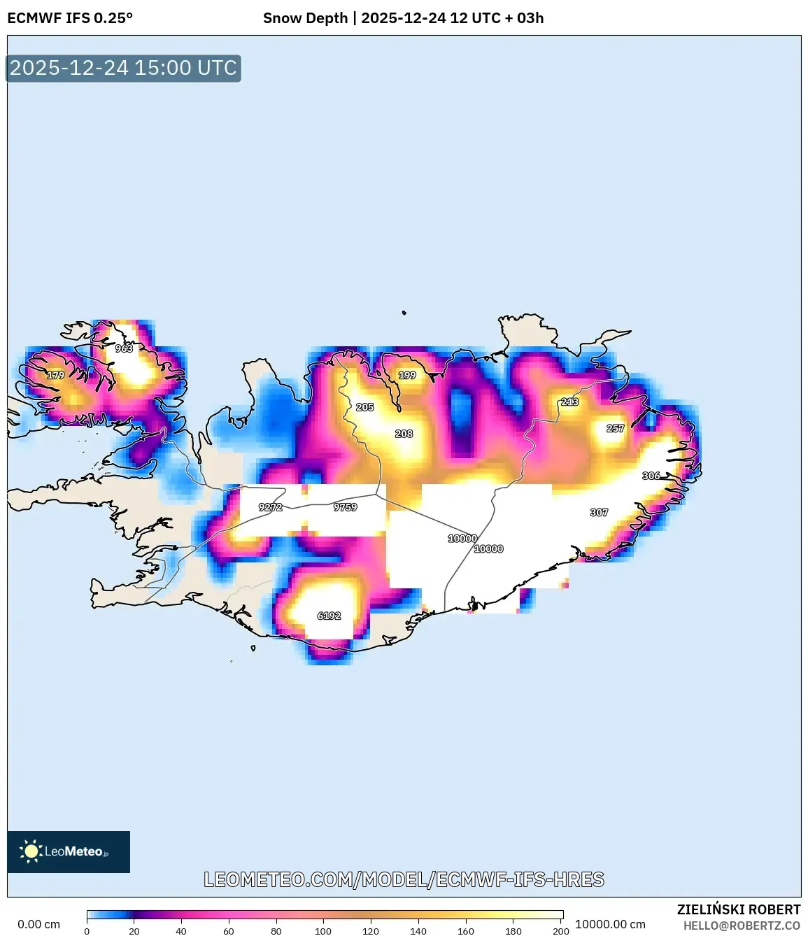 ECMWF IFS 0.25° model - Iceland, Snow Depth