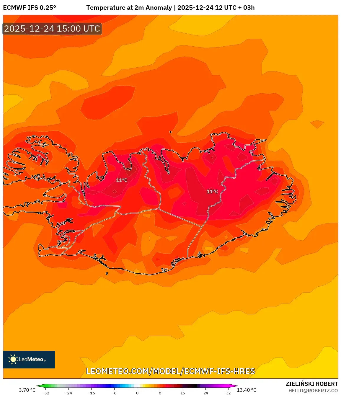 ECMWF IFS 0.25° model - Iceland, Temperature at 2m Anomaly