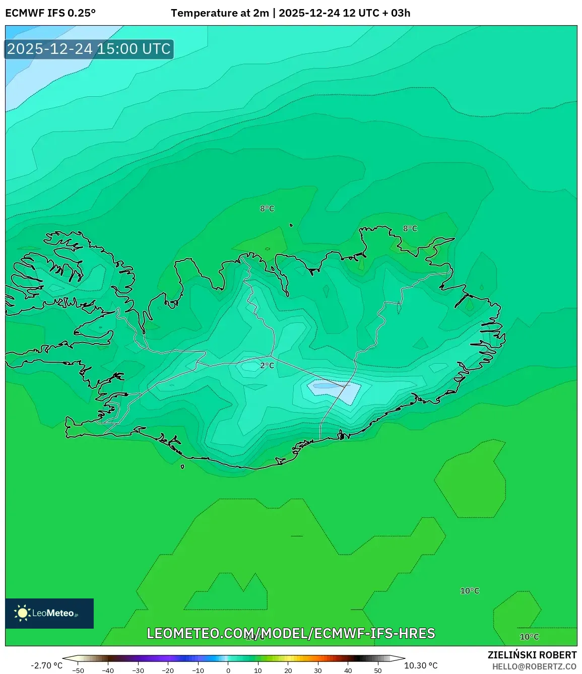 ECMWF IFS 0.25° model - Iceland, Temperature at 2m